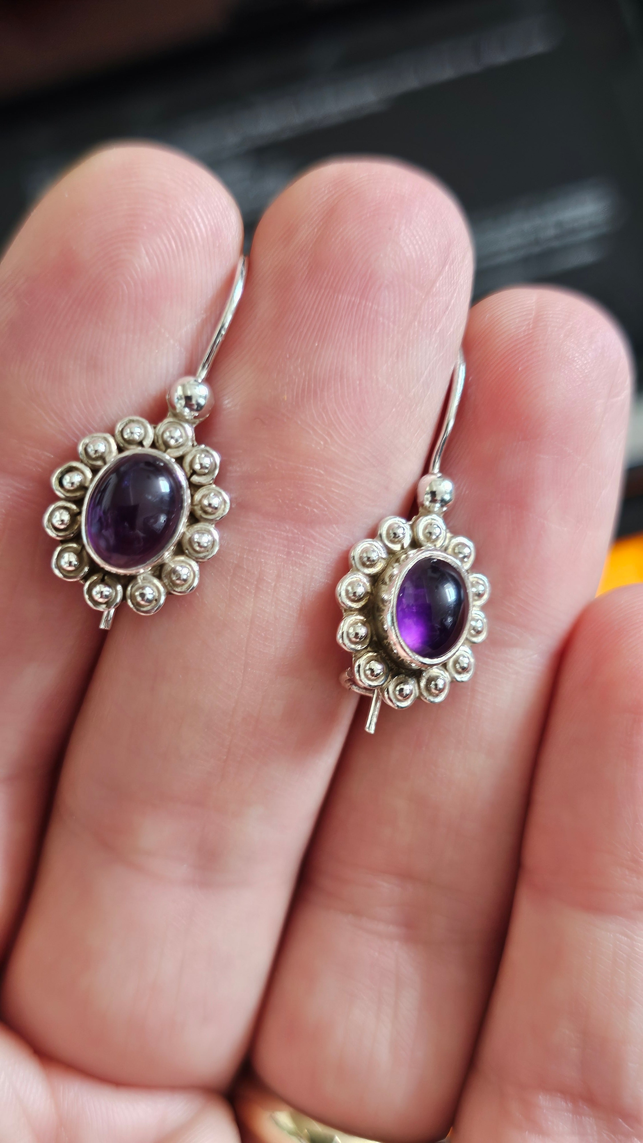 925 Sterling Silver & Oval Amethyst Ornate Drop Earrings