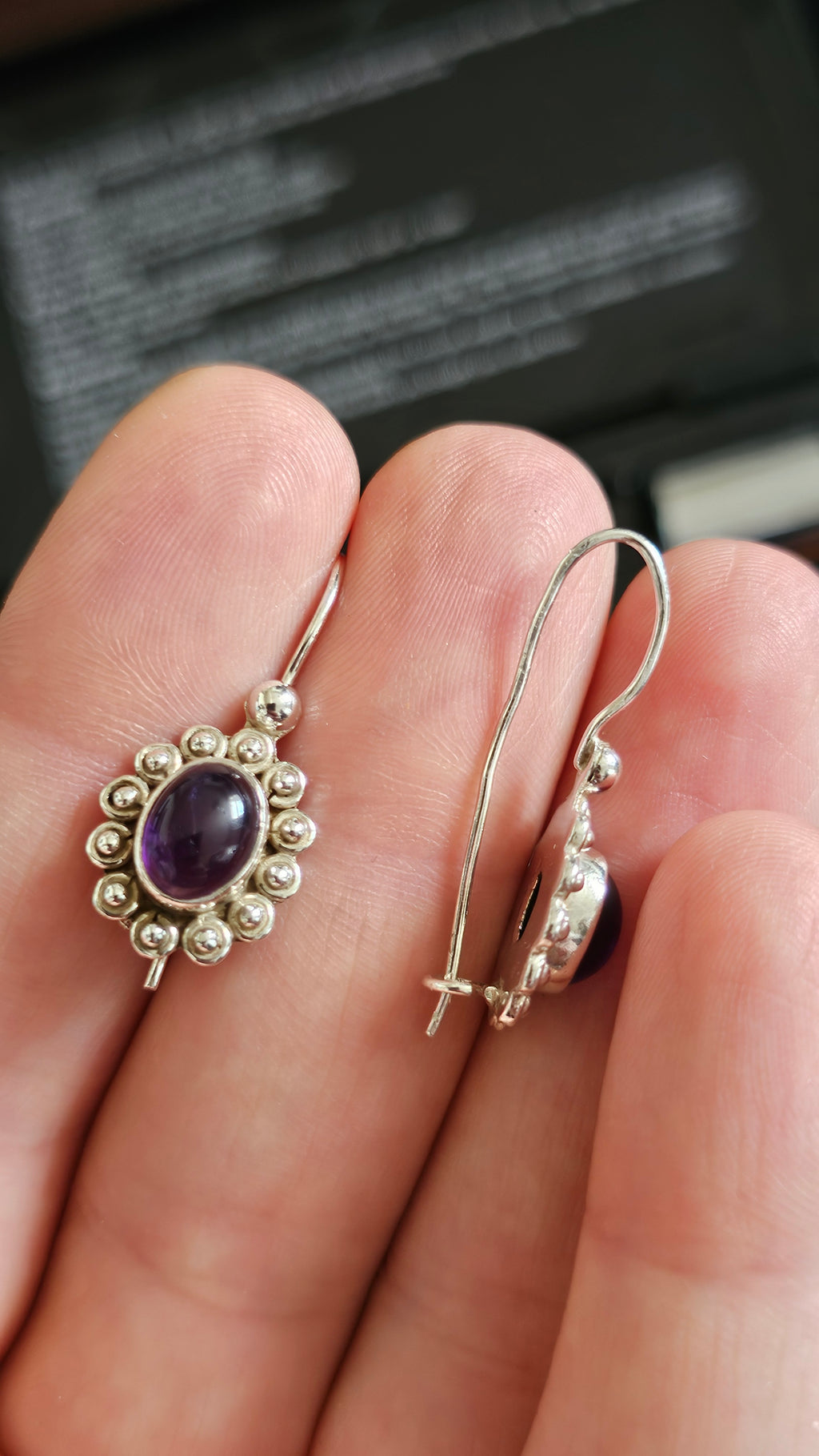 925 Sterling Silver & Oval Amethyst Ornate Drop Earrings