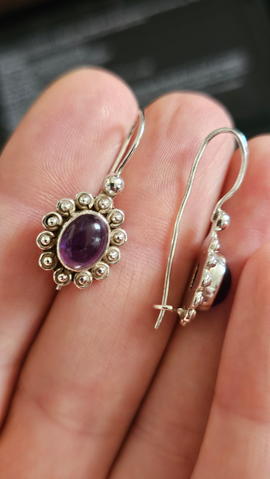 925 Sterling Silver & Oval Amethyst Ornate Drop Earrings
