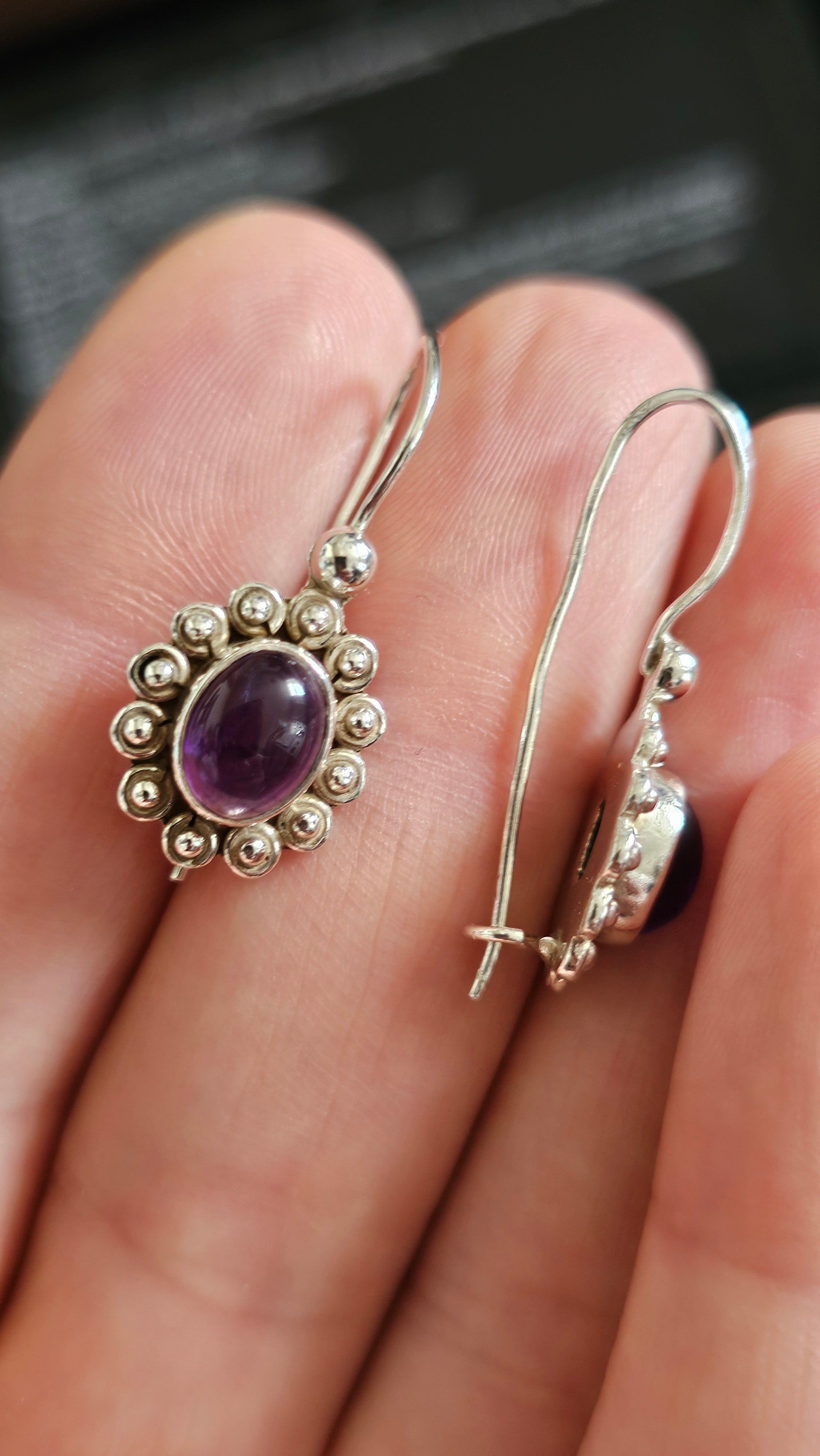 925 Sterling Silver & Oval Amethyst Ornate Drop Earrings