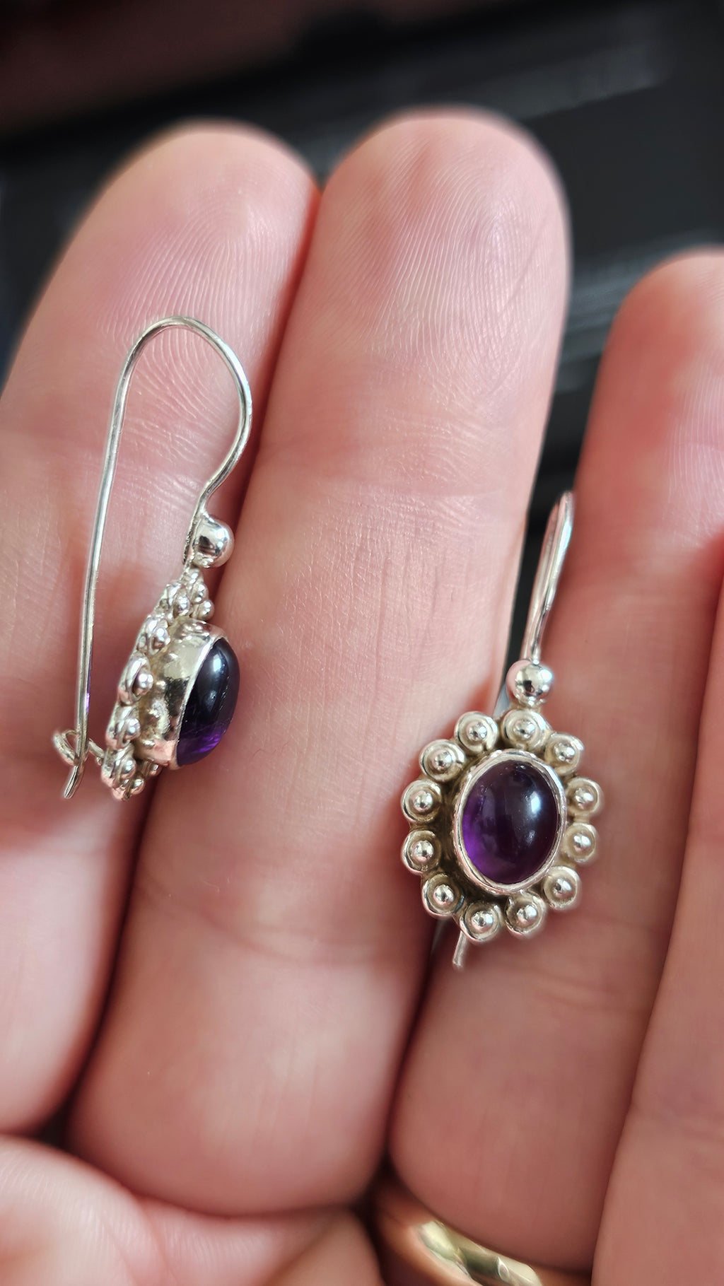 925 Sterling Silver & Oval Amethyst Ornate Drop Earrings