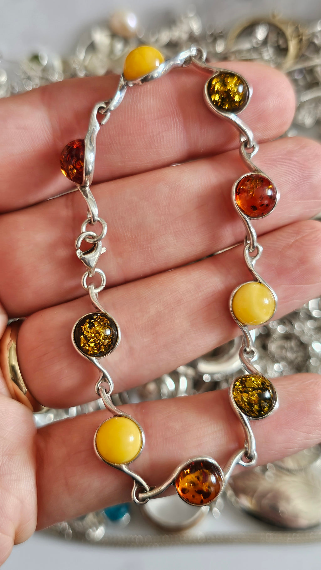 925 Sterling Silver Multi-Color Amber Swirl Link Bracelet 19cm