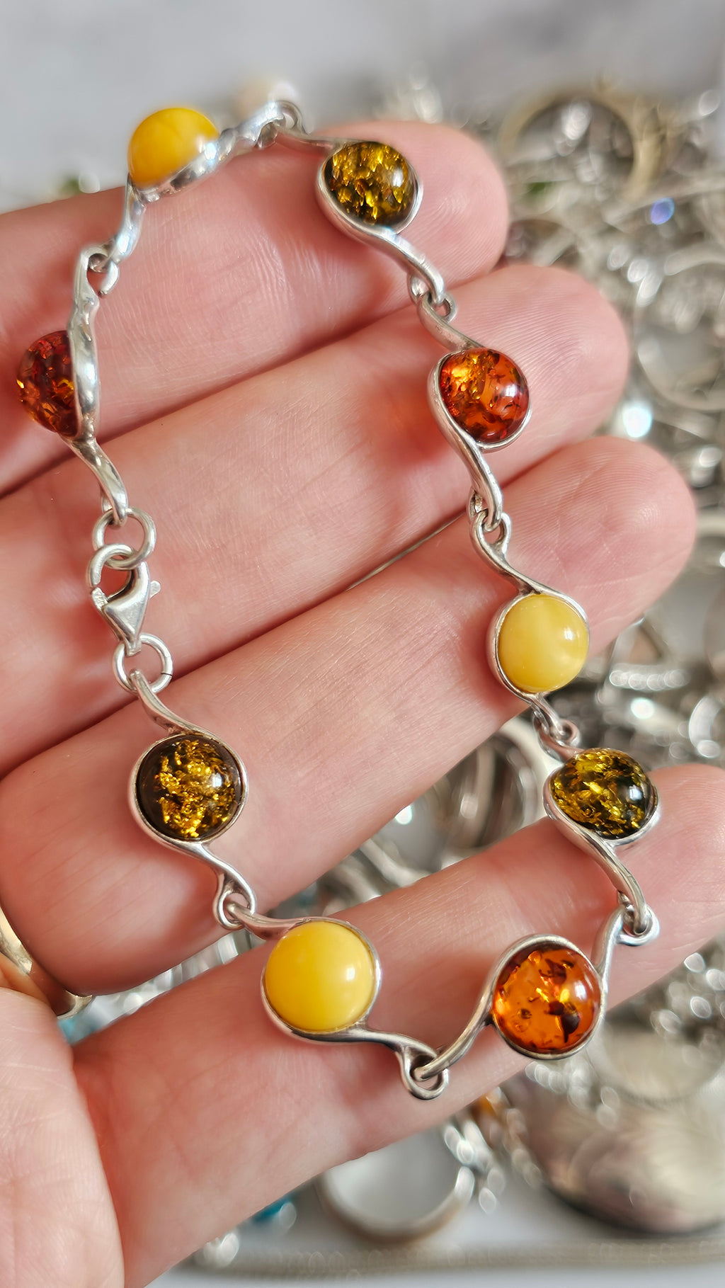 925 Sterling Silver Multi-Color Amber Swirl Link Bracelet 19cm