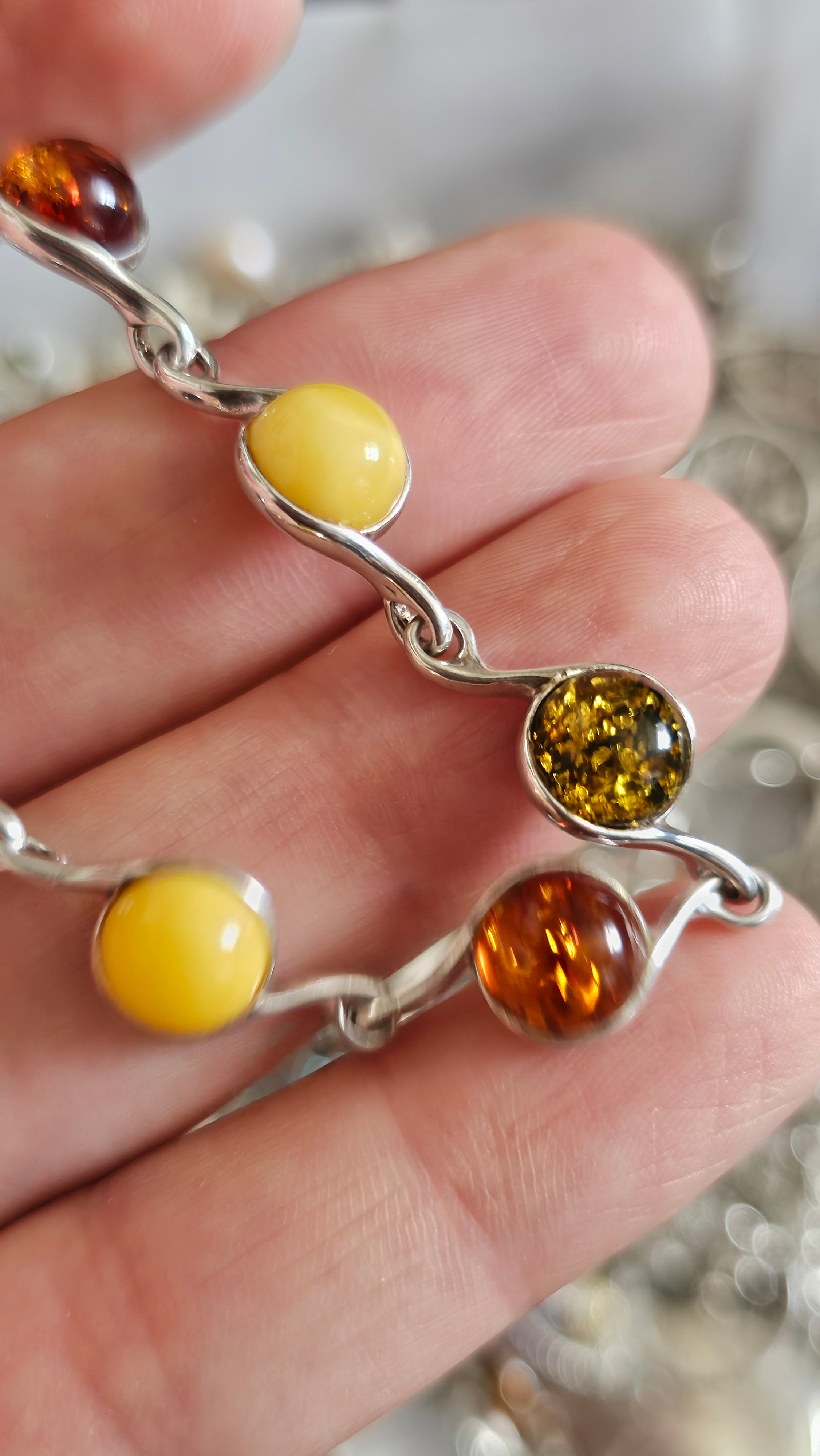 925 Sterling Silver Multi-Color Amber Swirl Link Bracelet 19cm
