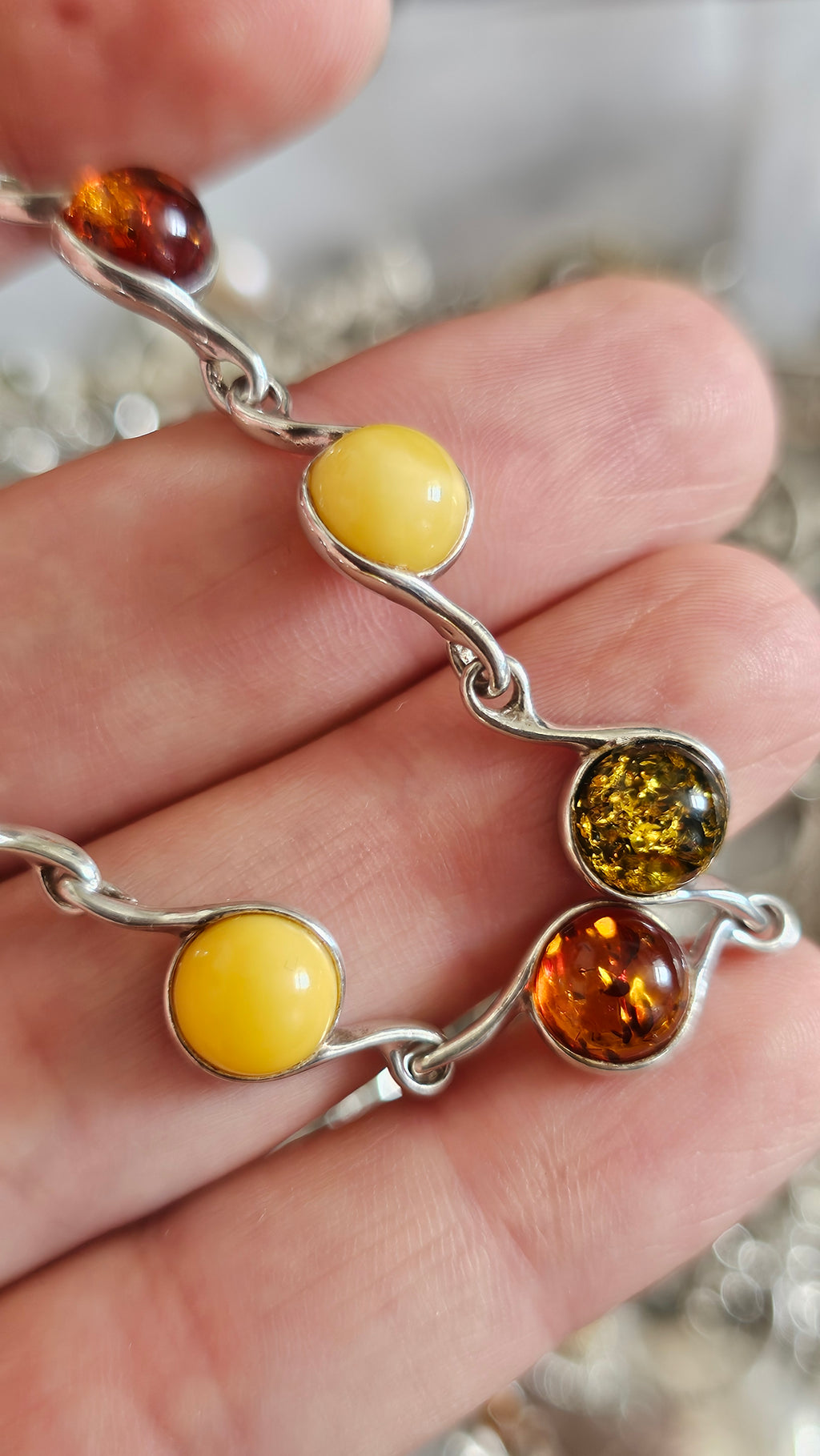 925 Sterling Silver Multi-Color Amber Swirl Link Bracelet 19cm