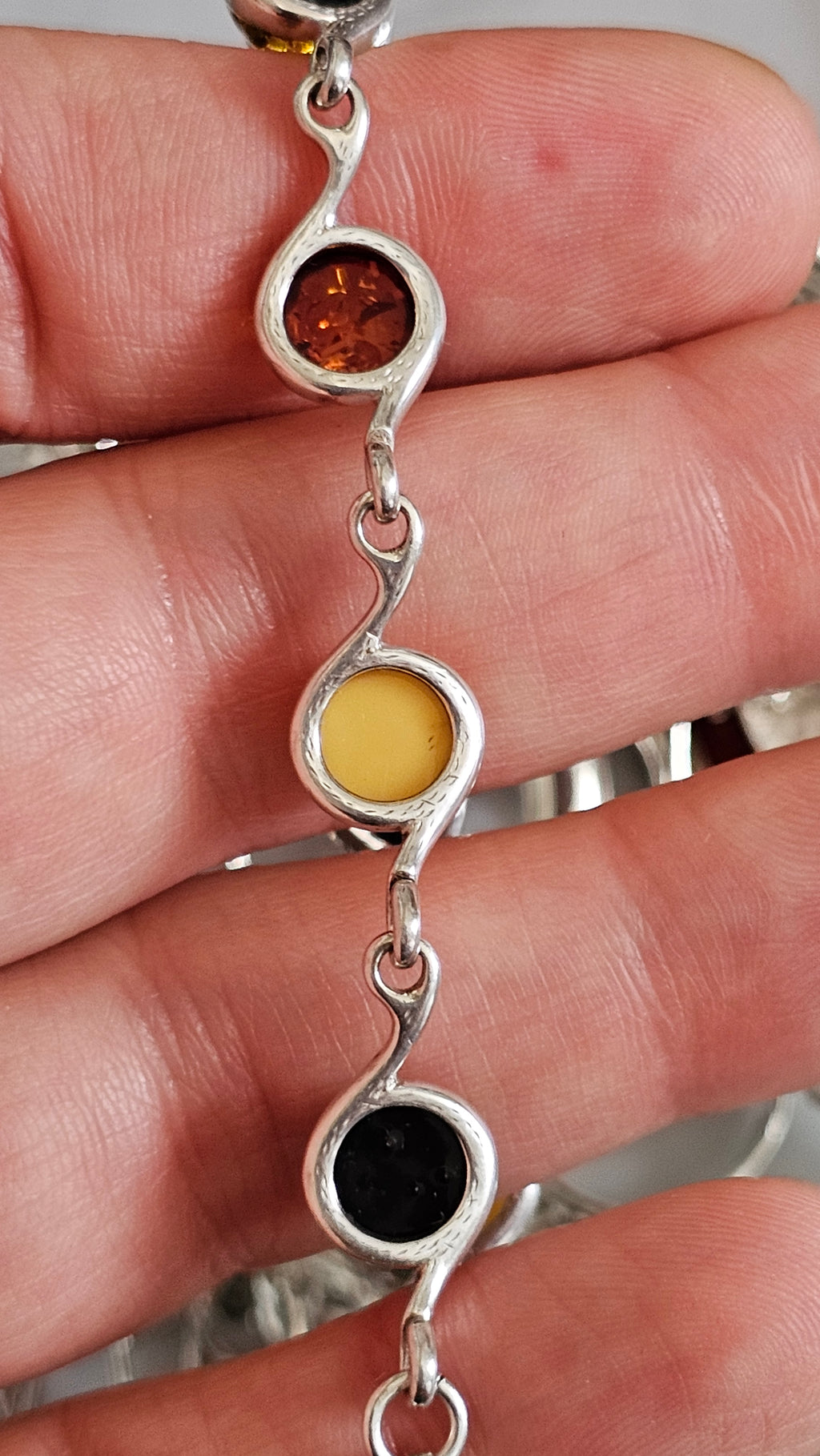 925 Sterling Silver Multi-Color Amber Swirl Link Bracelet 19cm