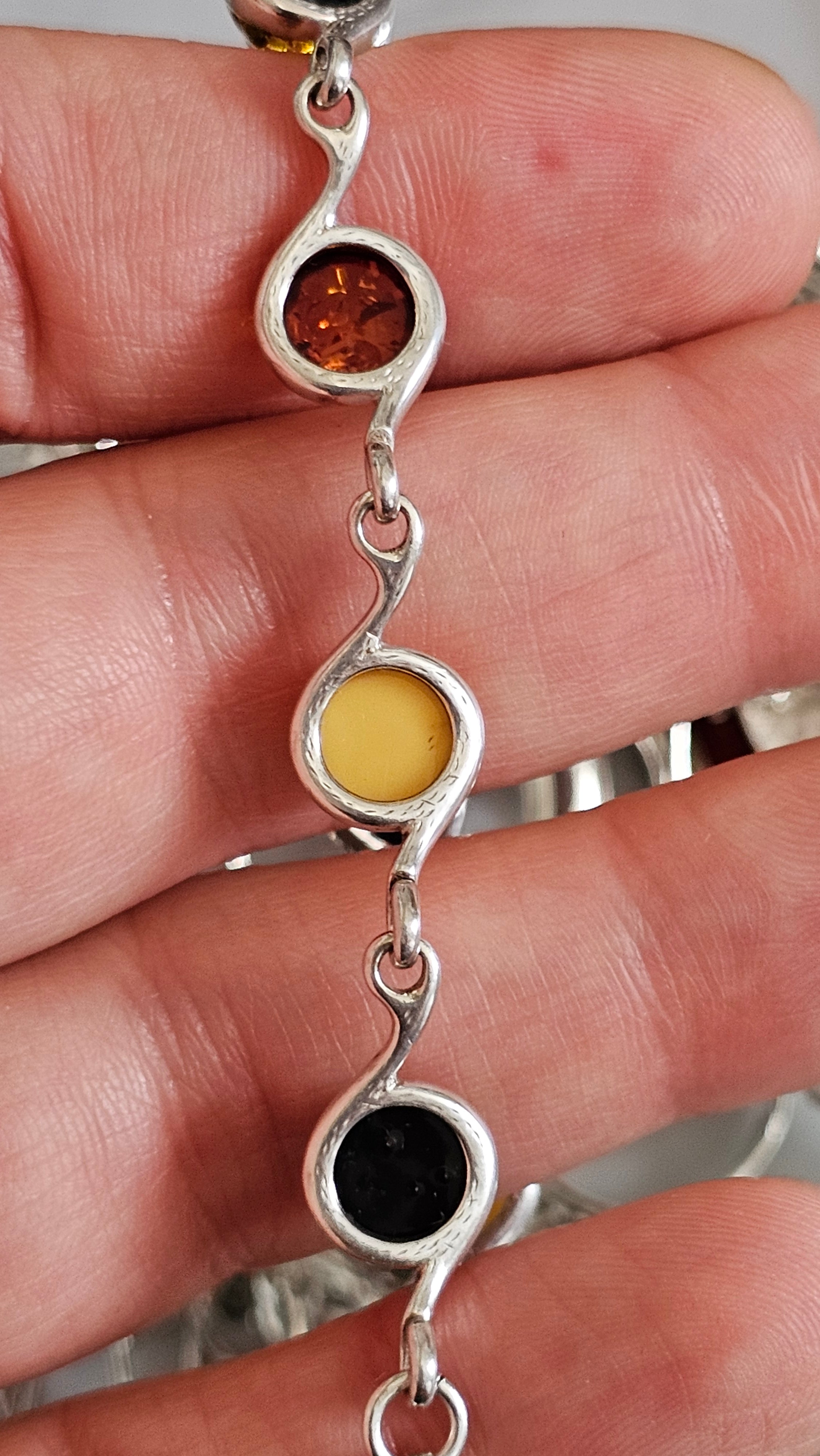 925 Sterling Silver Multi-Color Amber Swirl Link Bracelet 19cm