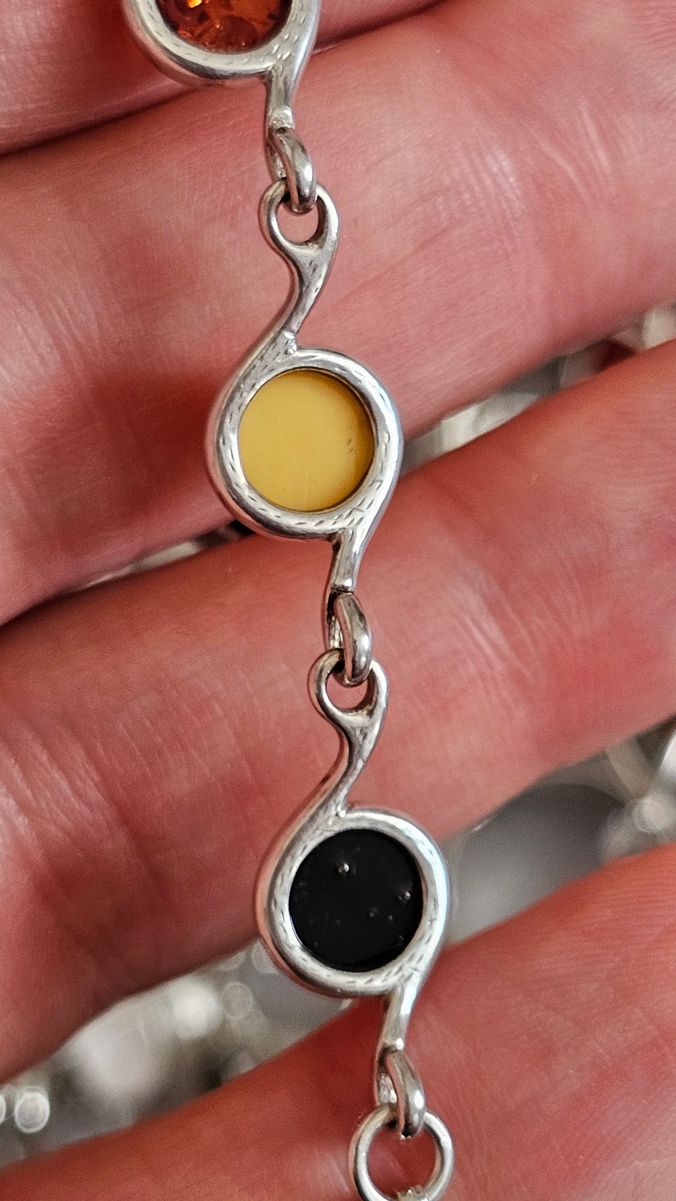925 Sterling Silver Multi-Color Amber Swirl Link Bracelet 19cm