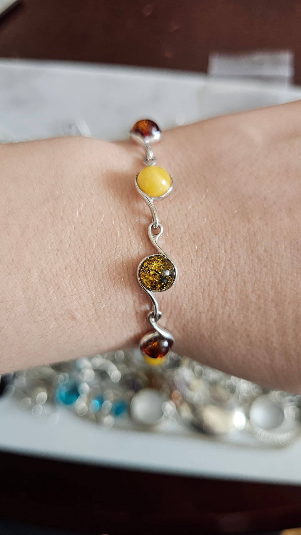 925 Sterling Silver Multi-Color Amber Swirl Link Bracelet 19cm