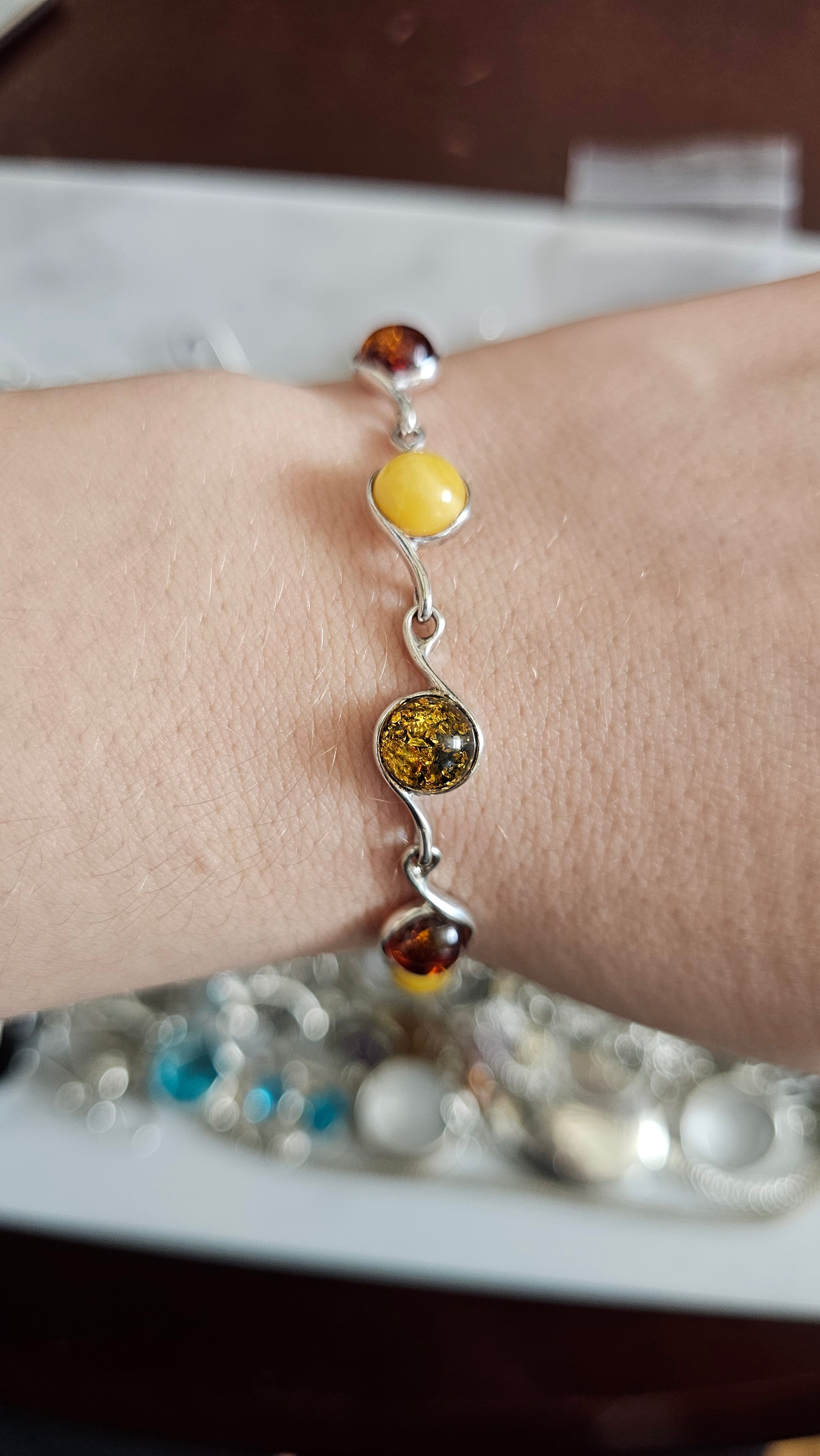 925 Sterling Silver Multi-Color Amber Swirl Link Bracelet 19cm