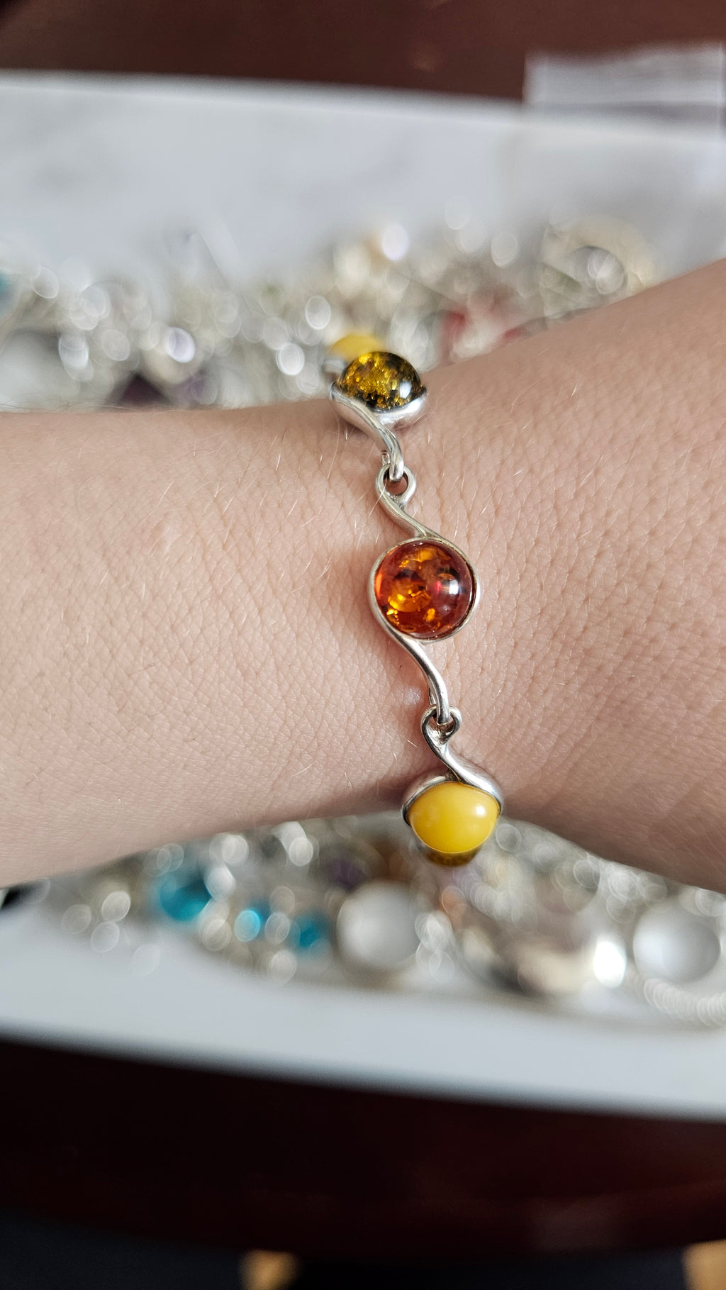 925 Sterling Silver Multi-Color Amber Swirl Link Bracelet 19cm