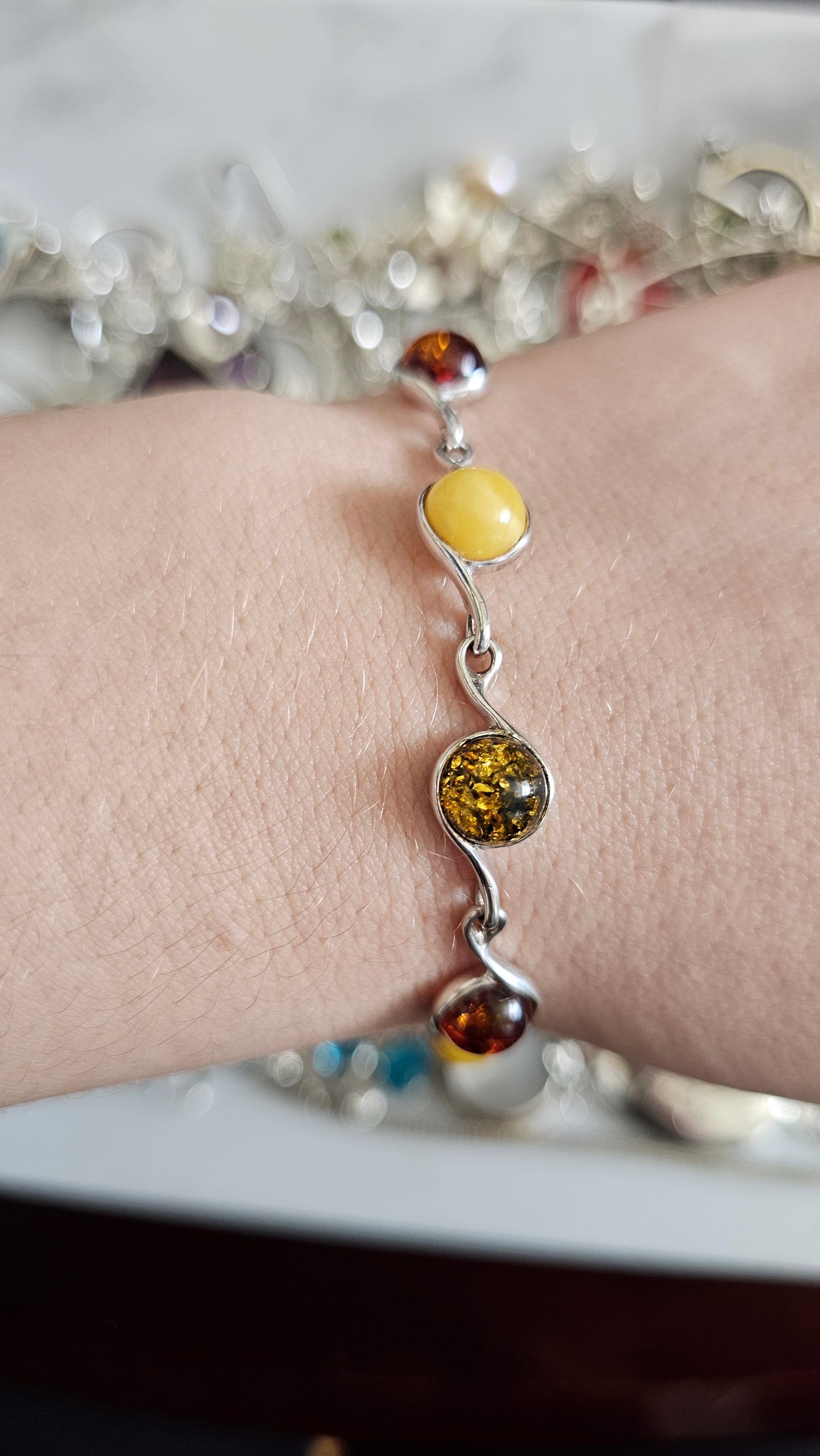 925 Sterling Silver Multi-Color Amber Swirl Link Bracelet 19cm