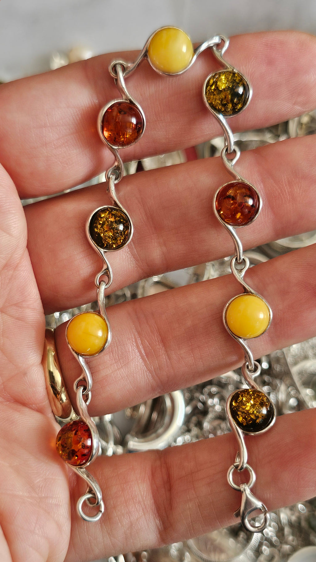 925 Sterling Silver Multi-Color Amber Swirl Link Bracelet 19cm