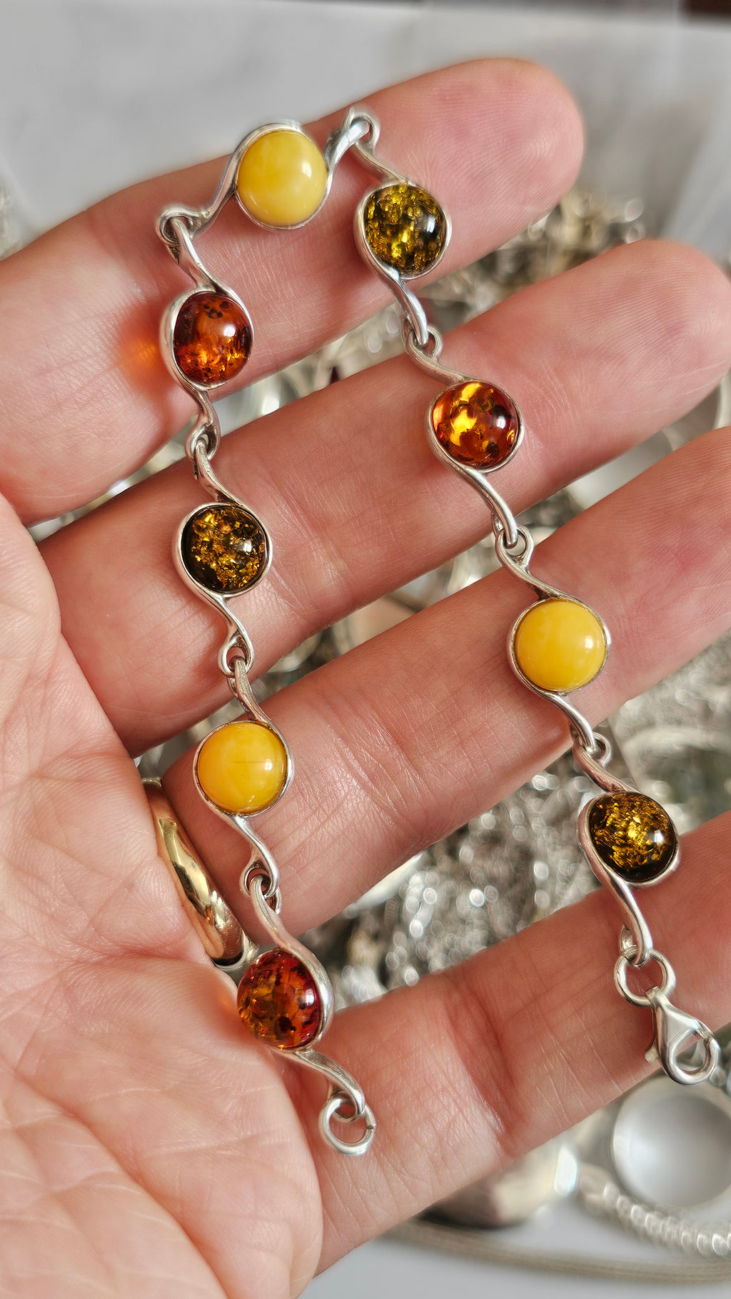 925 Sterling Silver Multi-Color Amber Swirl Link Bracelet 19cm