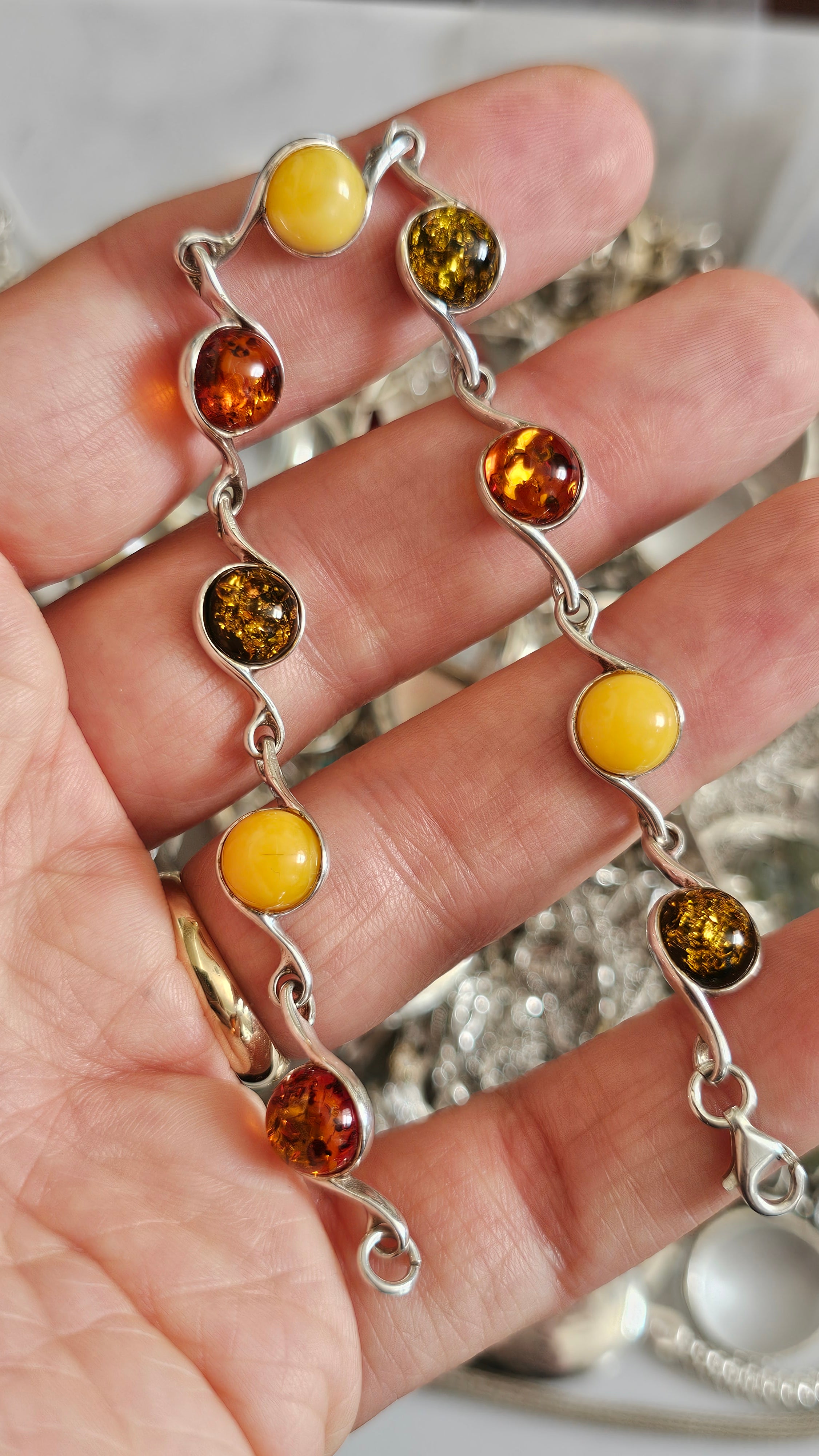 925 Sterling Silver Multi-Color Amber Swirl Link Bracelet 19cm