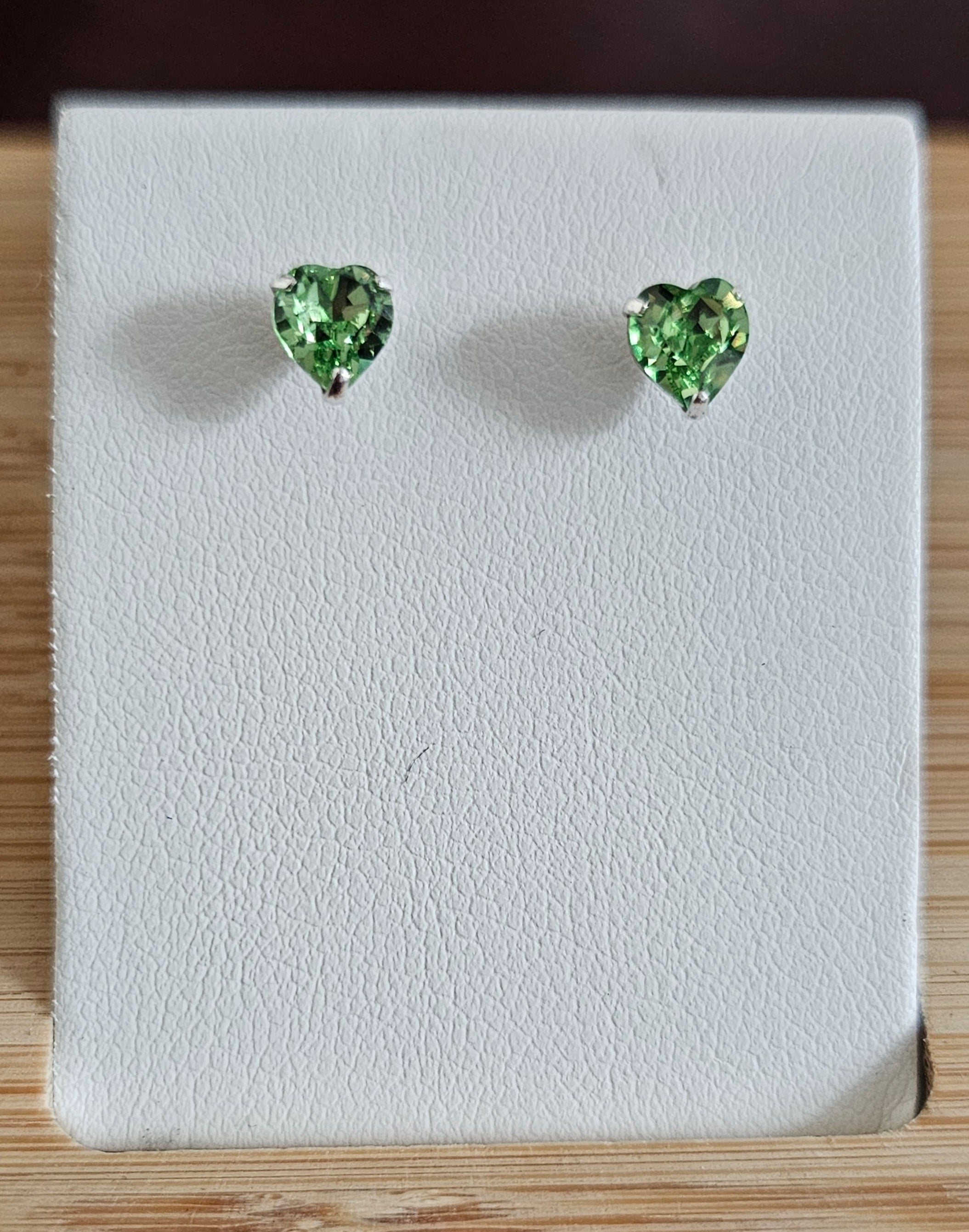 925 Sterling Silver Green Heart Rhinestone Stud Earrings