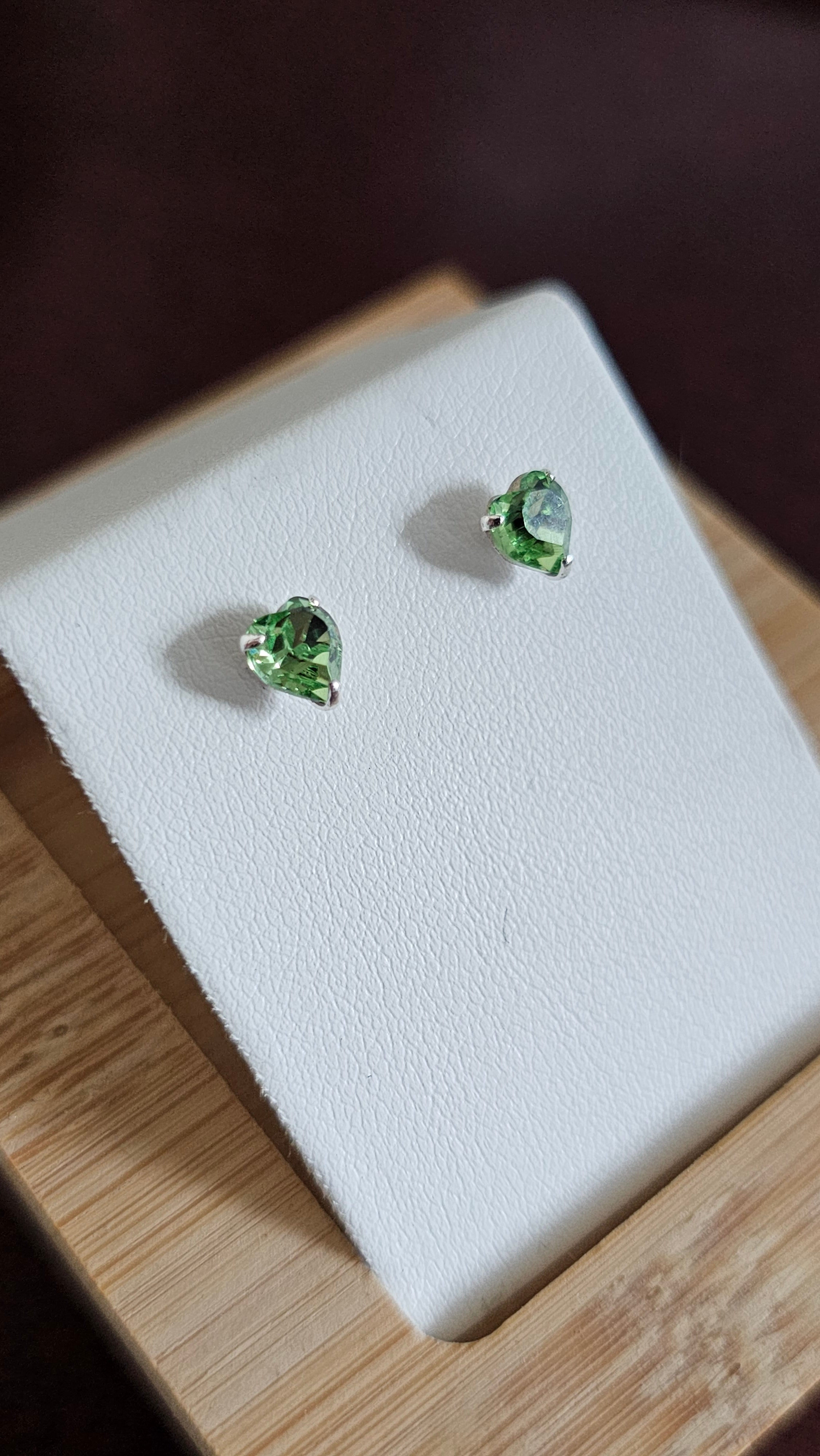 925 Sterling Silver Green Heart Rhinestone Stud Earrings