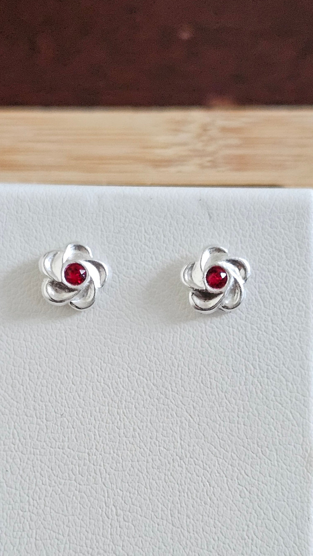 Elegant 925 Sterling Silver Red Stone Floral Stud Earrings