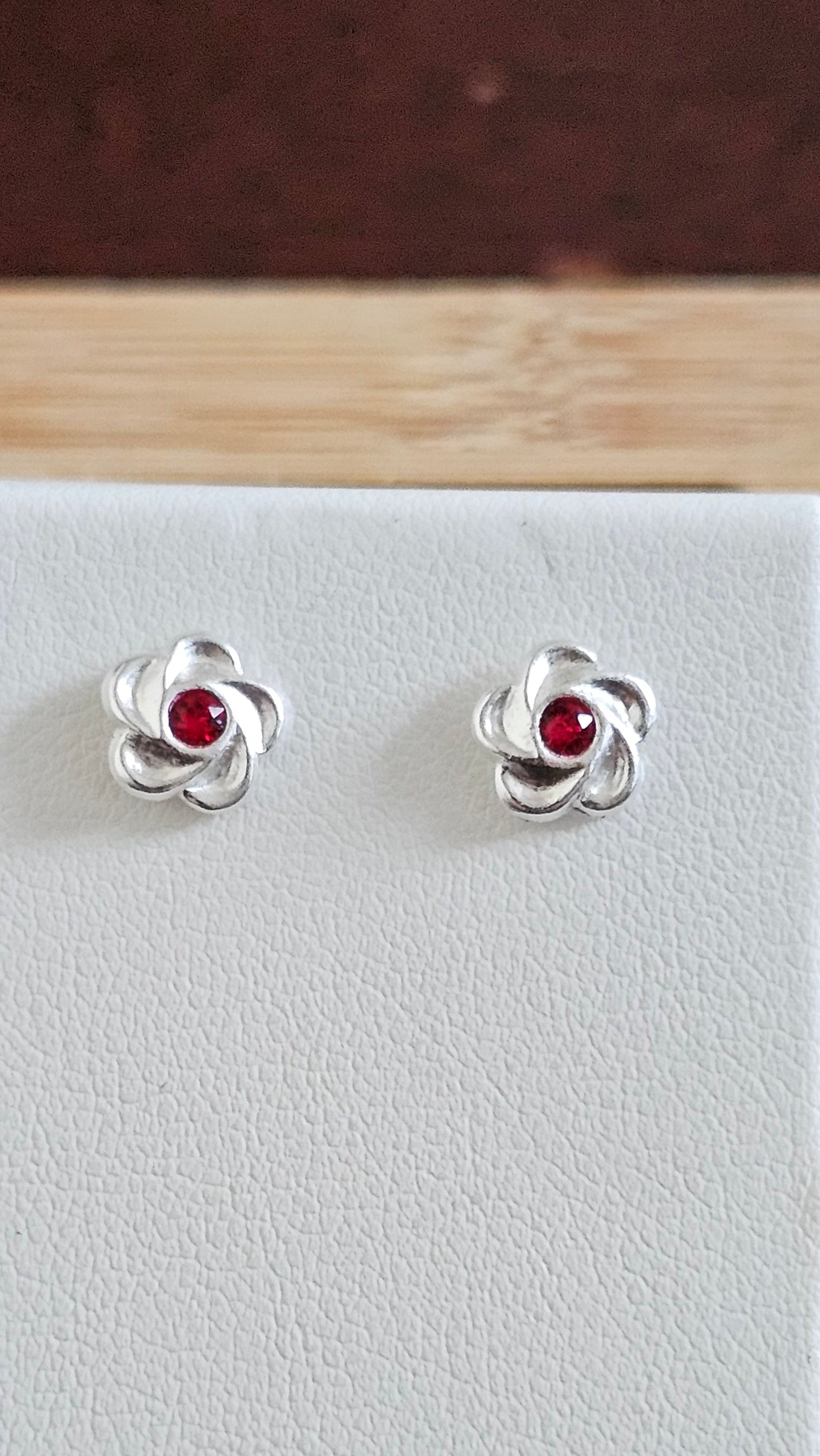 Elegant 925 Sterling Silver Red Stone Floral Stud Earrings