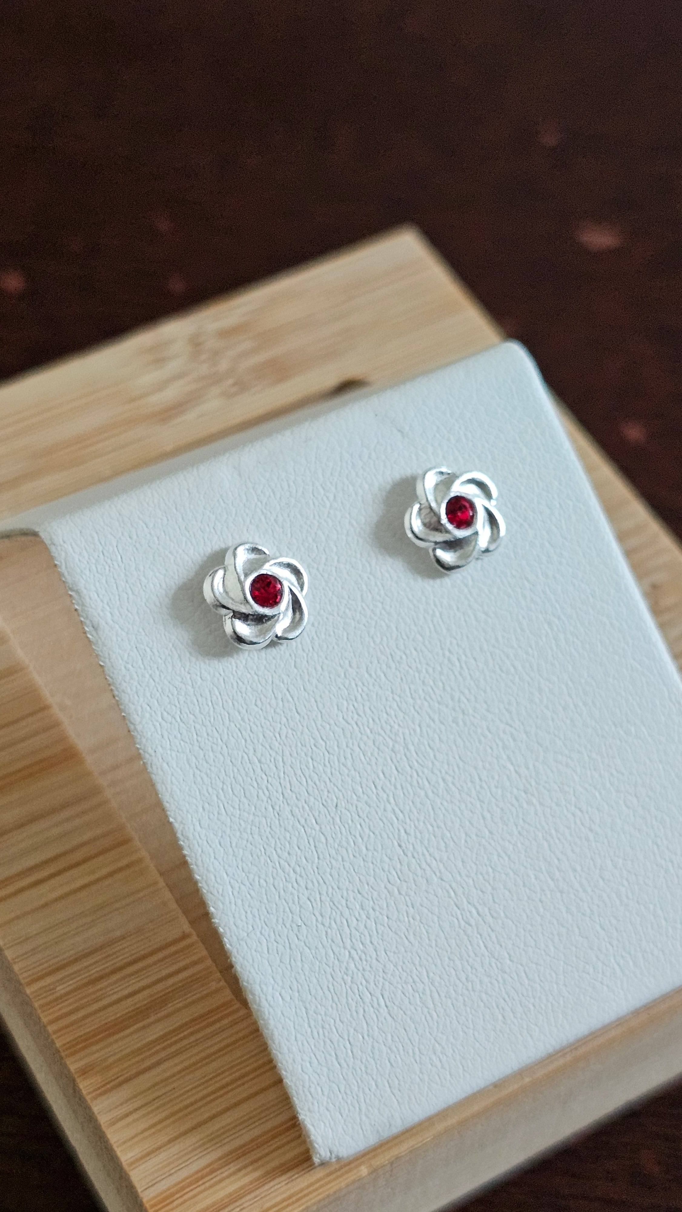 Elegant 925 Sterling Silver Red Stone Floral Stud Earrings
