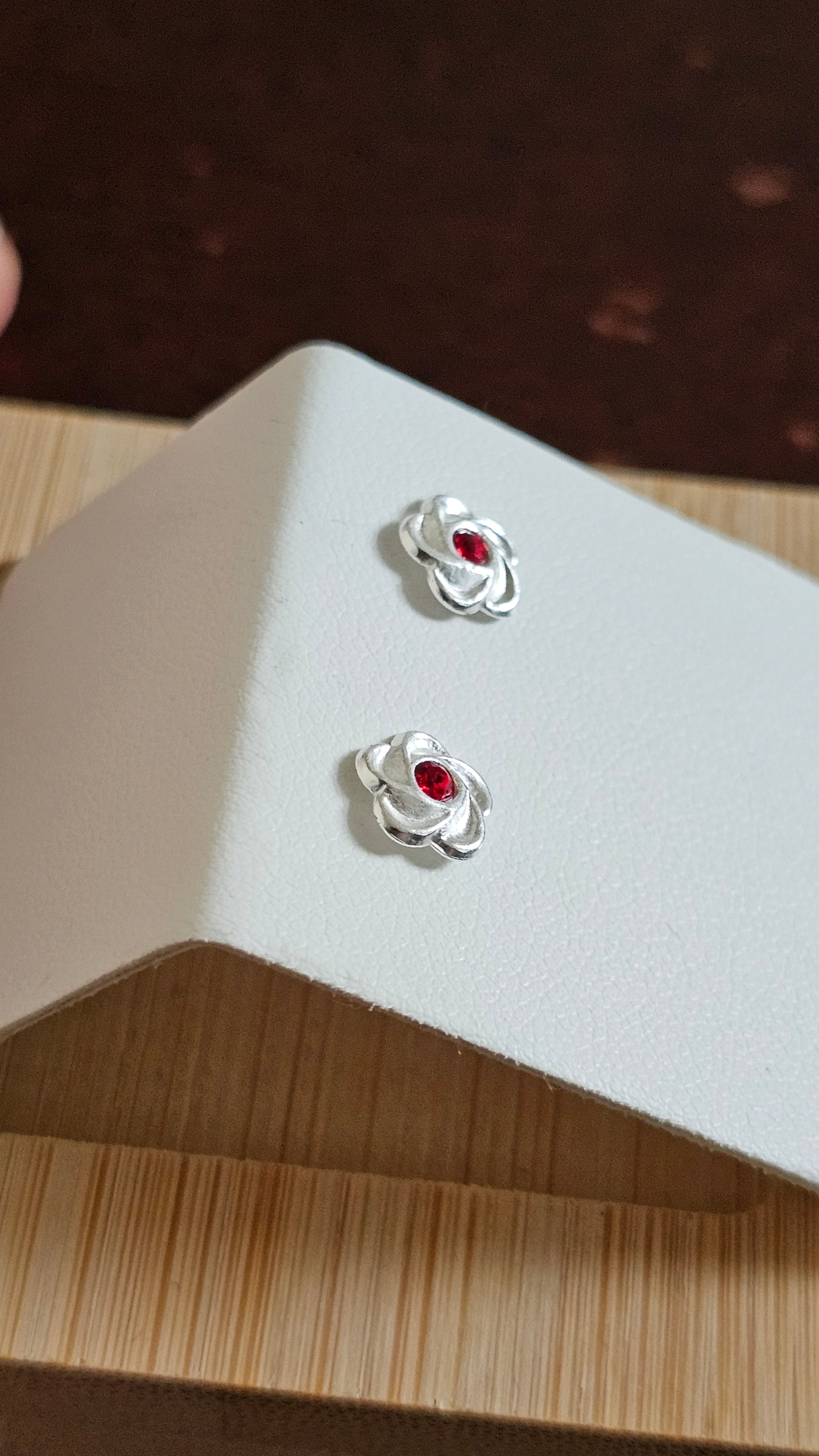 Elegant 925 Sterling Silver Red Stone Floral Stud Earrings