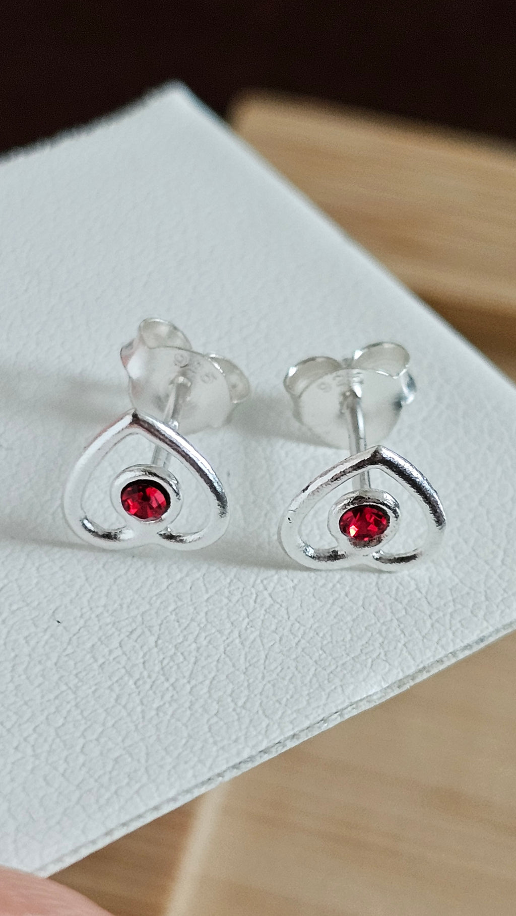 925 Sterling Silver Open Heart Dainty Stud Earrings with Red Stone