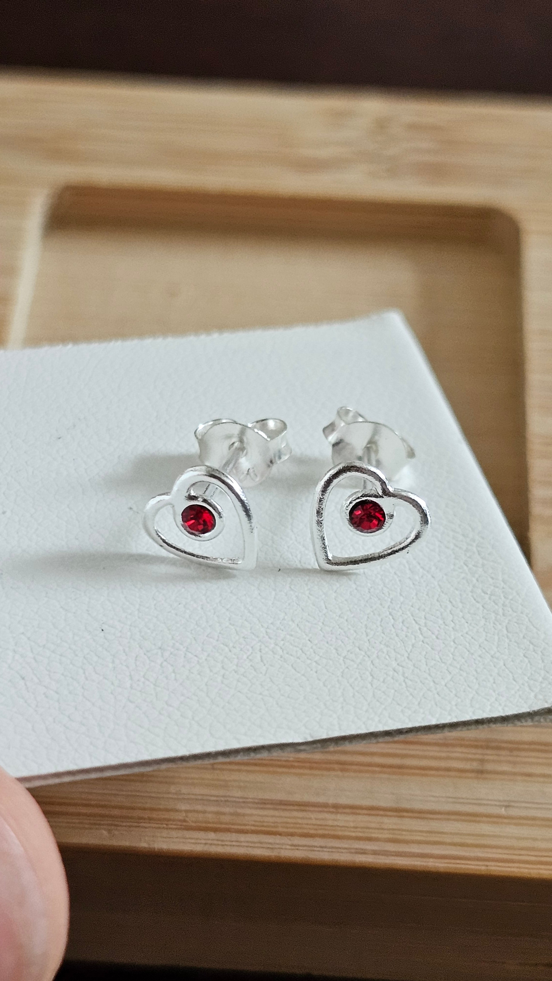 925 Sterling Silver Open Heart Dainty Stud Earrings with Red Stone