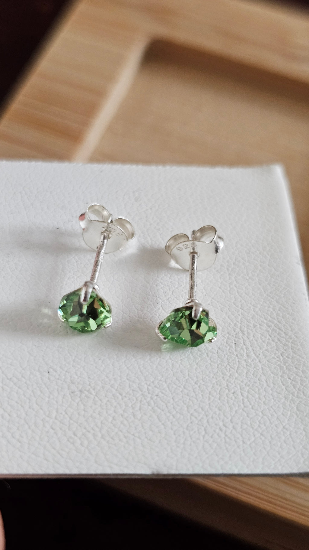 925 Sterling Silver Green Heart Rhinestone Stud Earrings