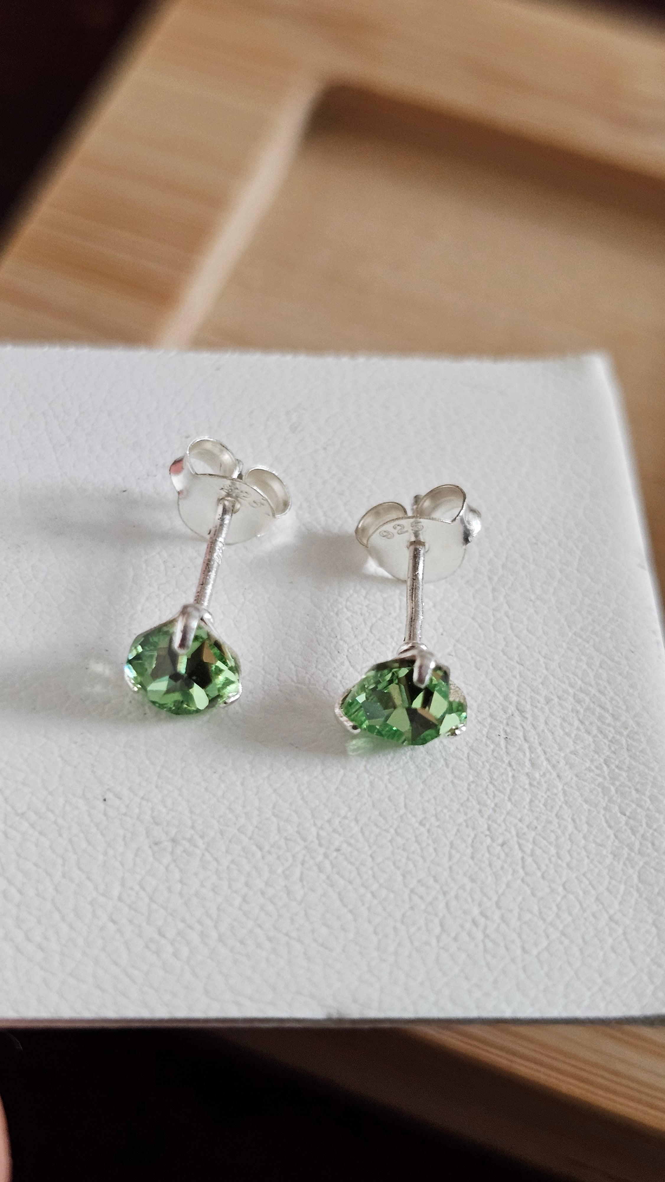 925 Sterling Silver Green Heart Rhinestone Stud Earrings