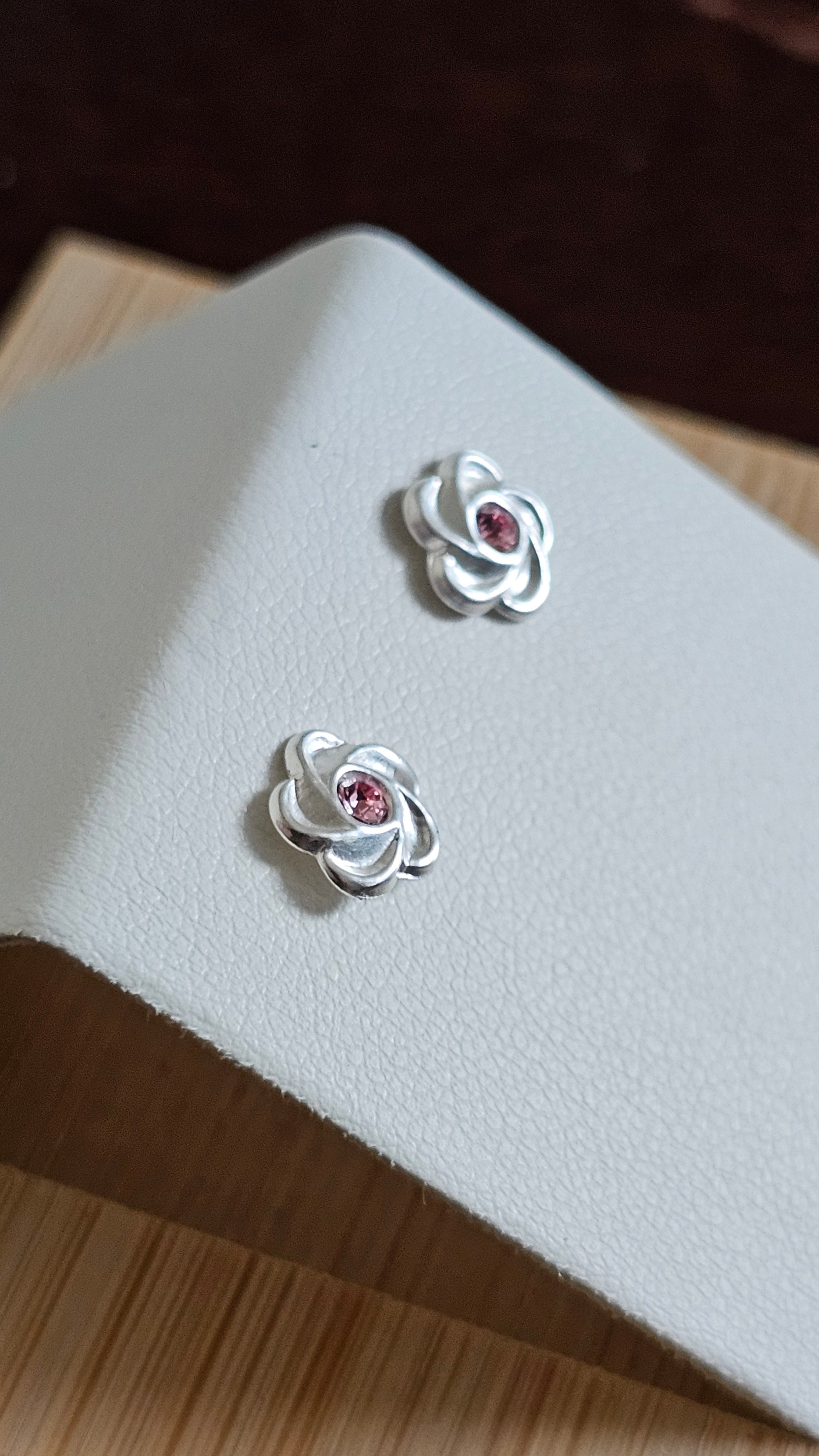 Elegant 925 Sterling Silver Pink Stone Floral Stud Earrings