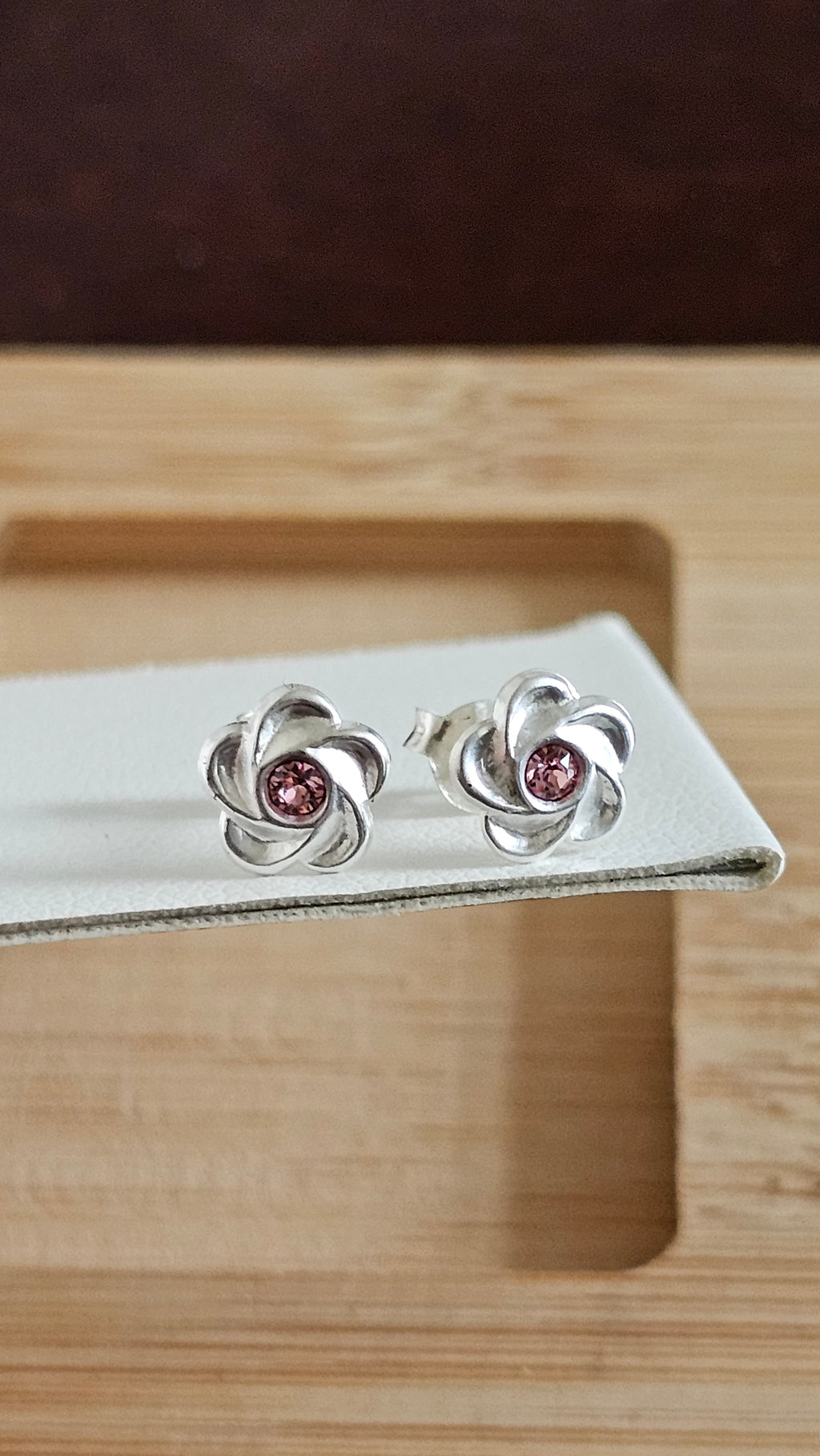 Elegant 925 Sterling Silver Pink Stone Floral Stud Earrings