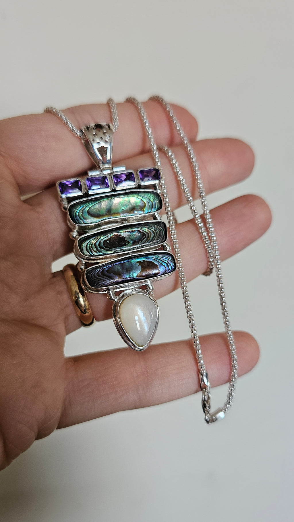925 Sterling Silver Abalone & Mother of Pearl Statement Pendant Necklace 24.5"