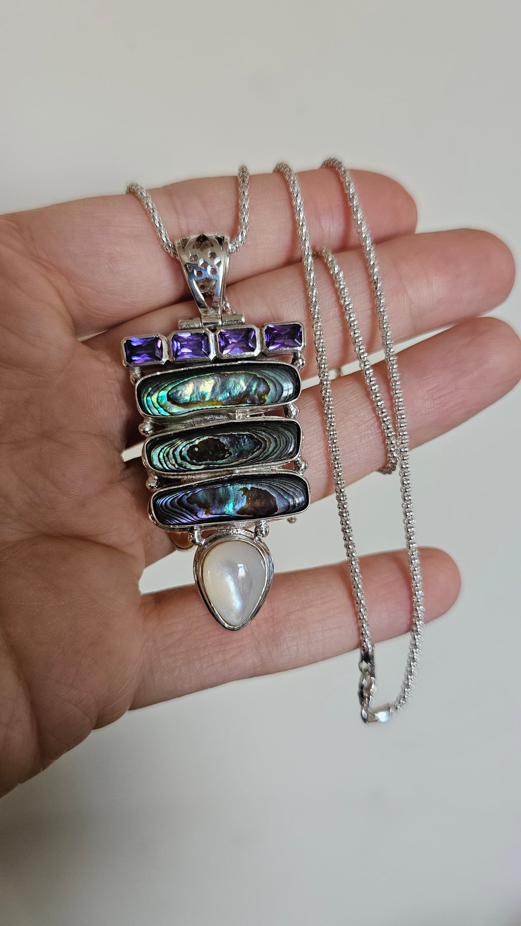 925 Sterling Silver Abalone & Mother of Pearl Statement Pendant Necklace 24.5"
