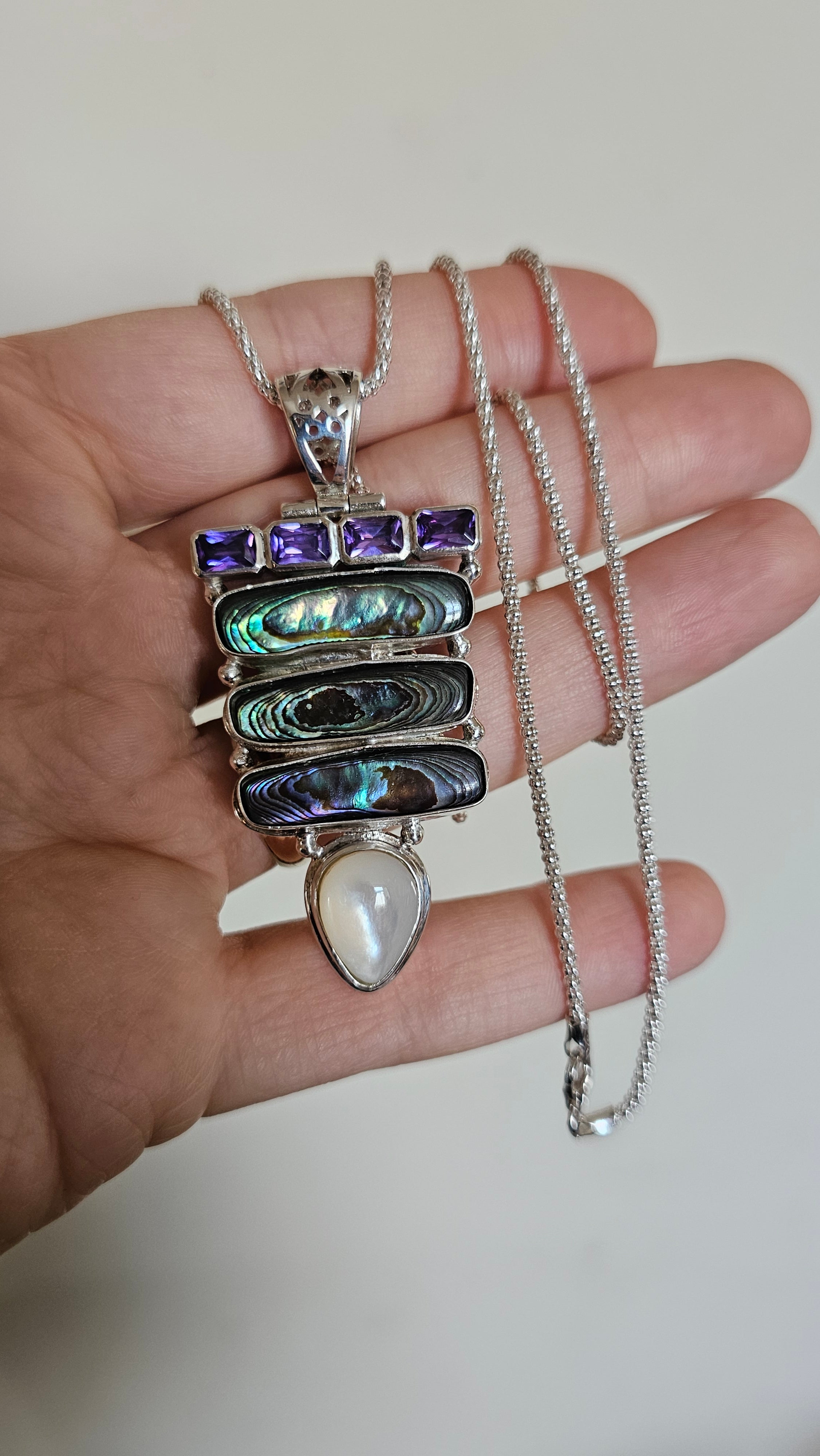 925 Sterling Silver Abalone & Mother of Pearl Statement Pendant Necklace 24.5"