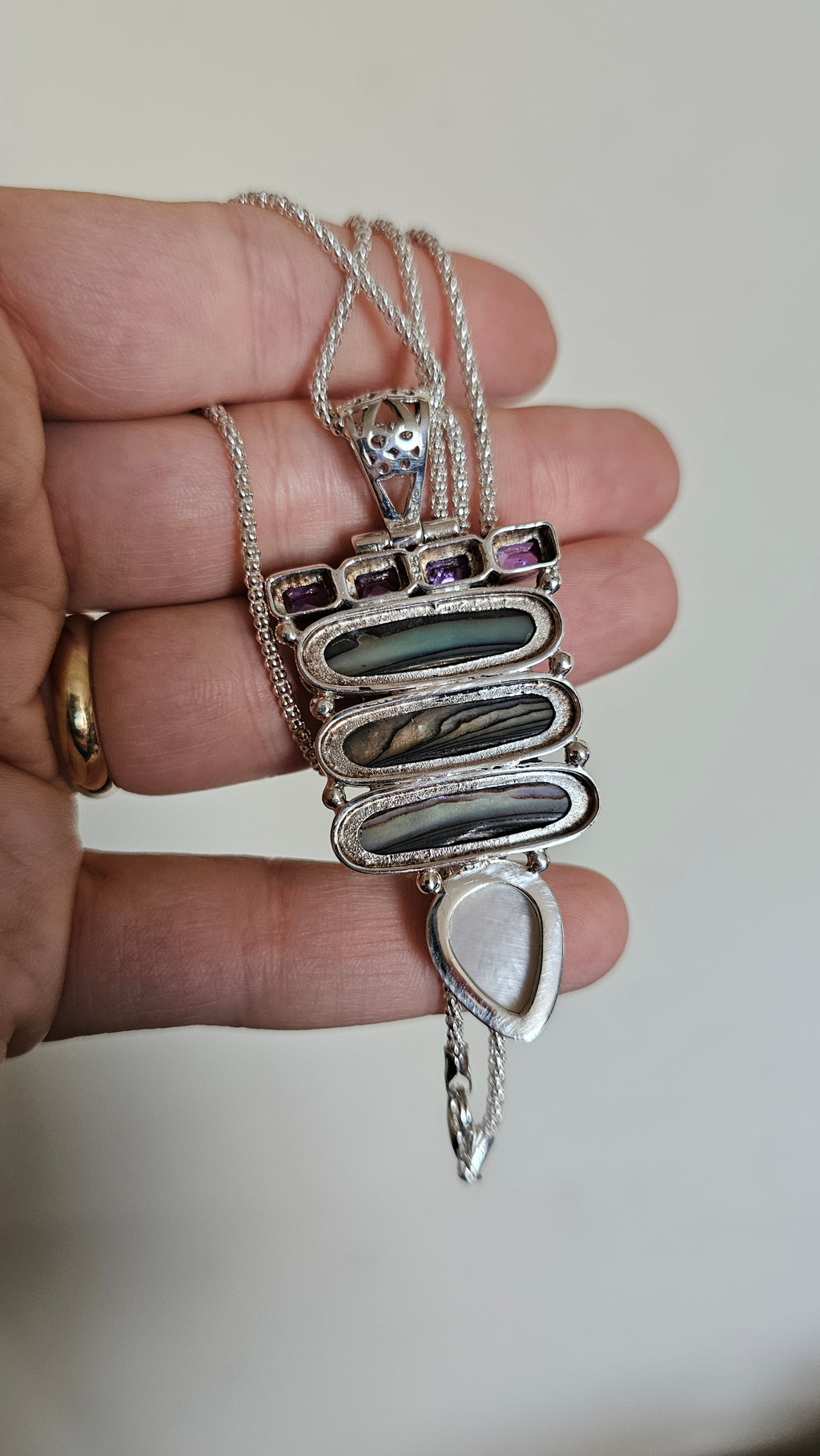 925 Sterling Silver Abalone & Mother of Pearl Statement Pendant Necklace 24.5"