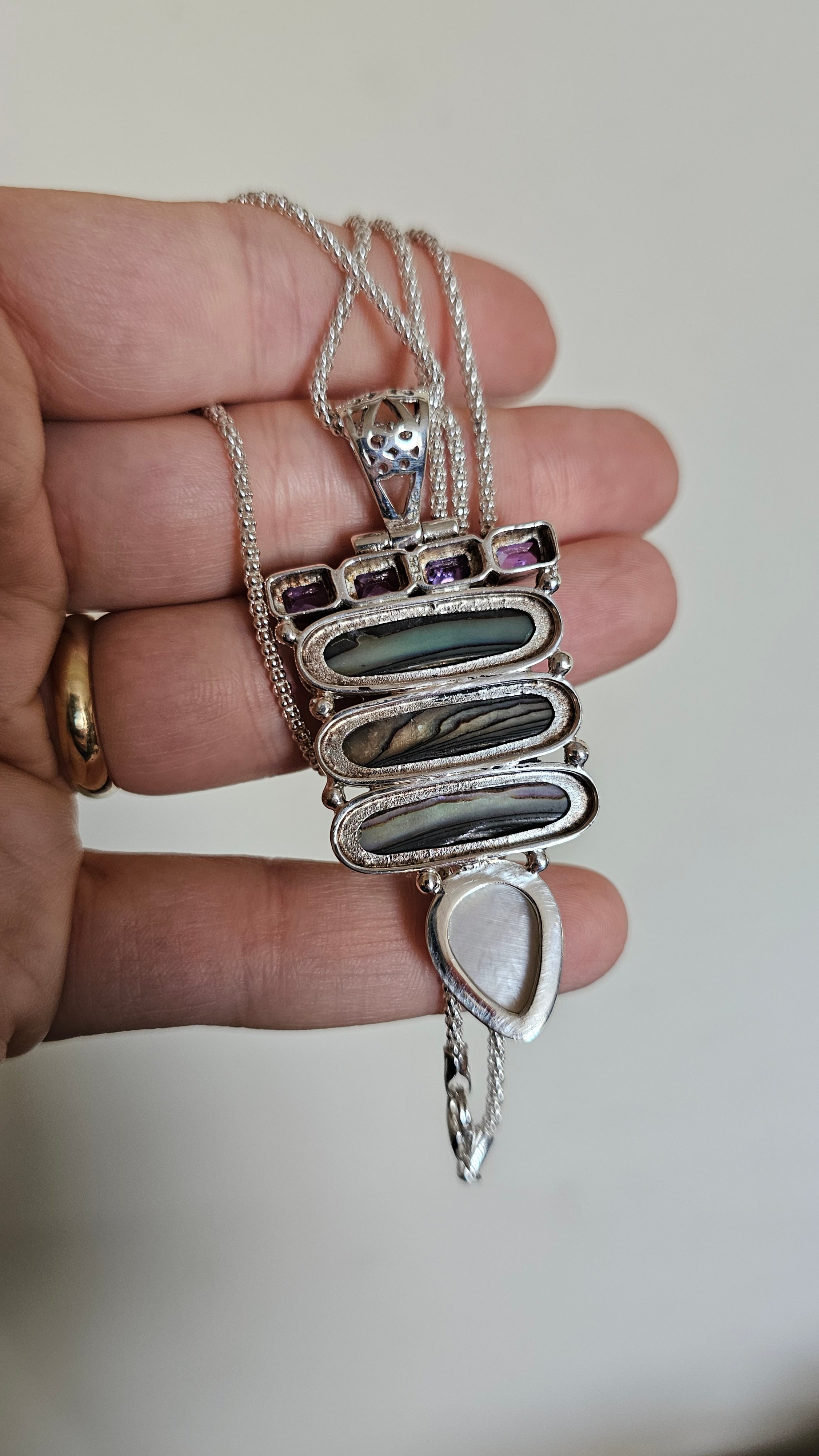 925 Sterling Silver Abalone & Mother of Pearl Statement Pendant Necklace 24.5"