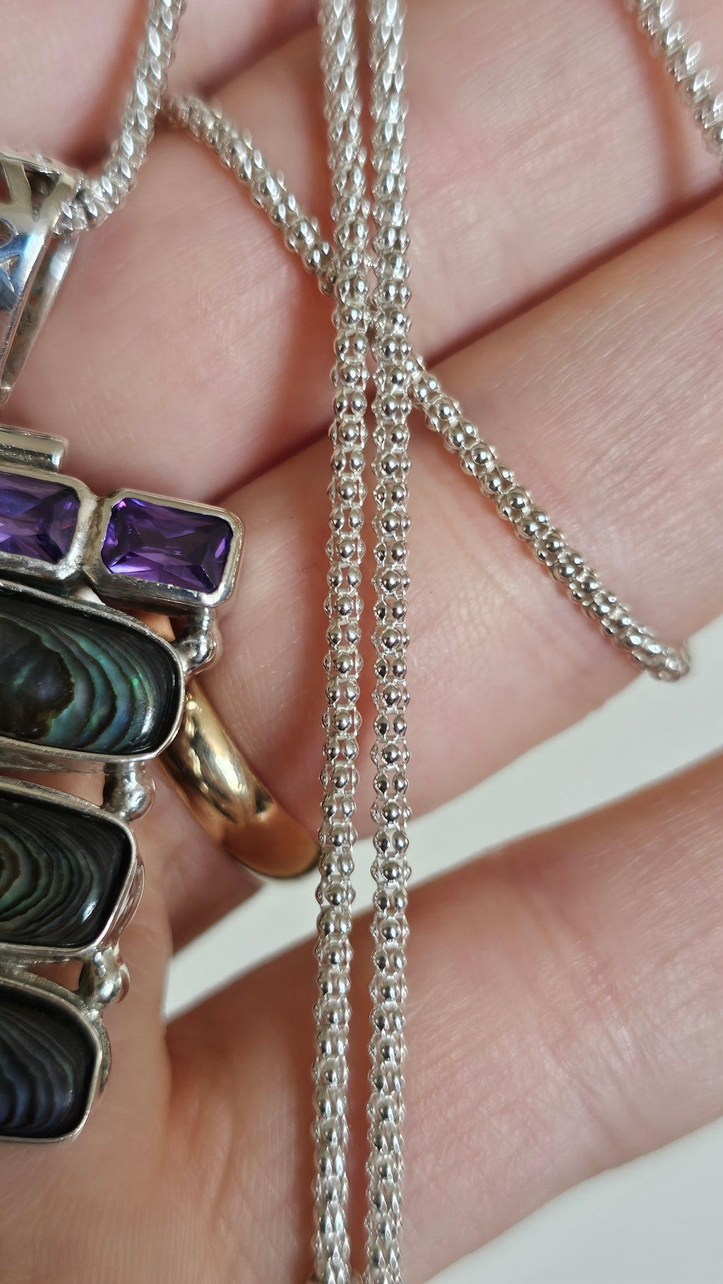 925 Sterling Silver Abalone & Mother of Pearl Statement Pendant Necklace 24.5"