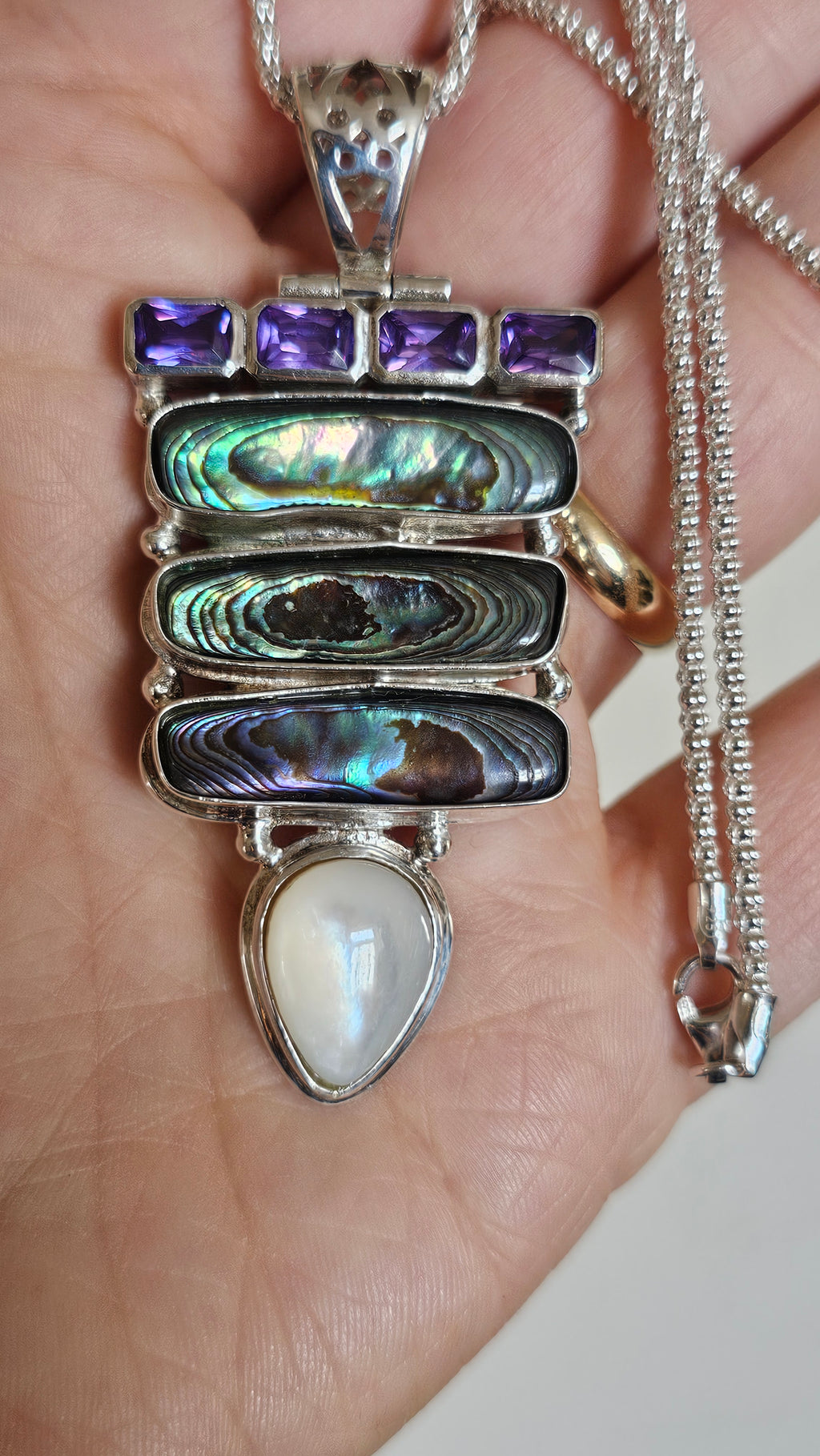 925 Sterling Silver Abalone & Mother of Pearl Statement Pendant Necklace 24.5"