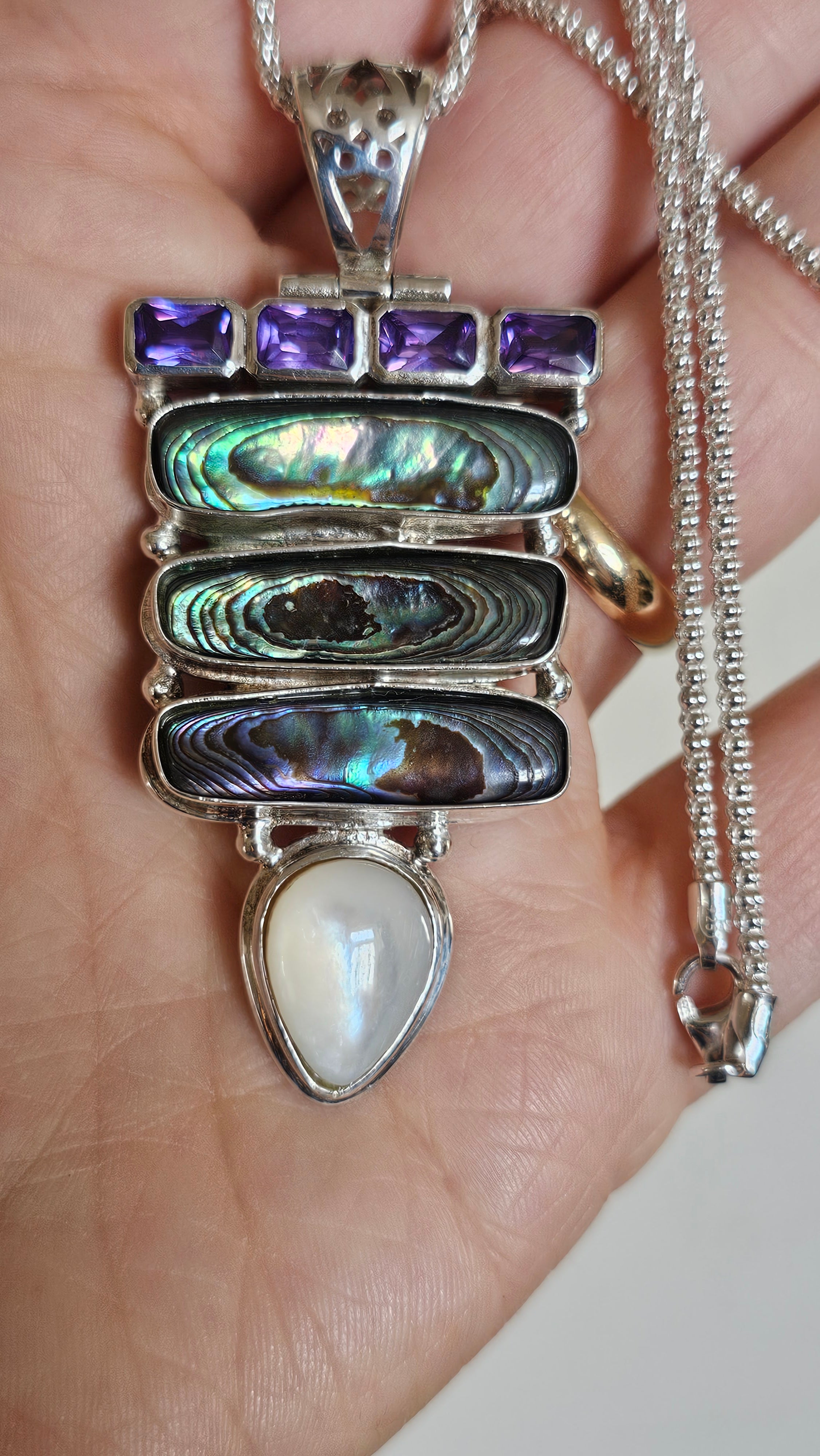 925 Sterling Silver Abalone & Mother of Pearl Statement Pendant Necklace 24.5"