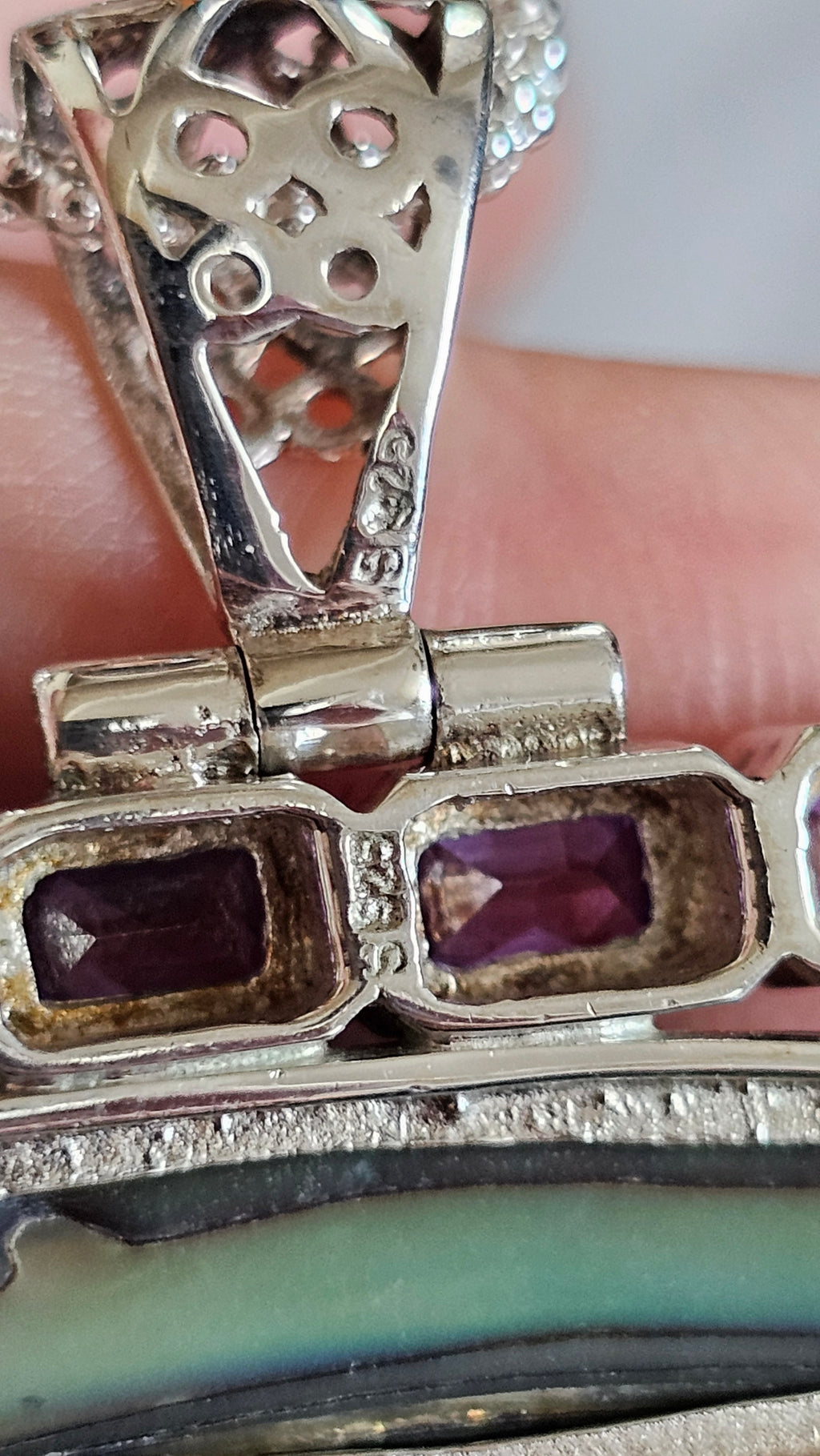 925 Sterling Silver Abalone & Mother of Pearl Statement Pendant Necklace 24.5"