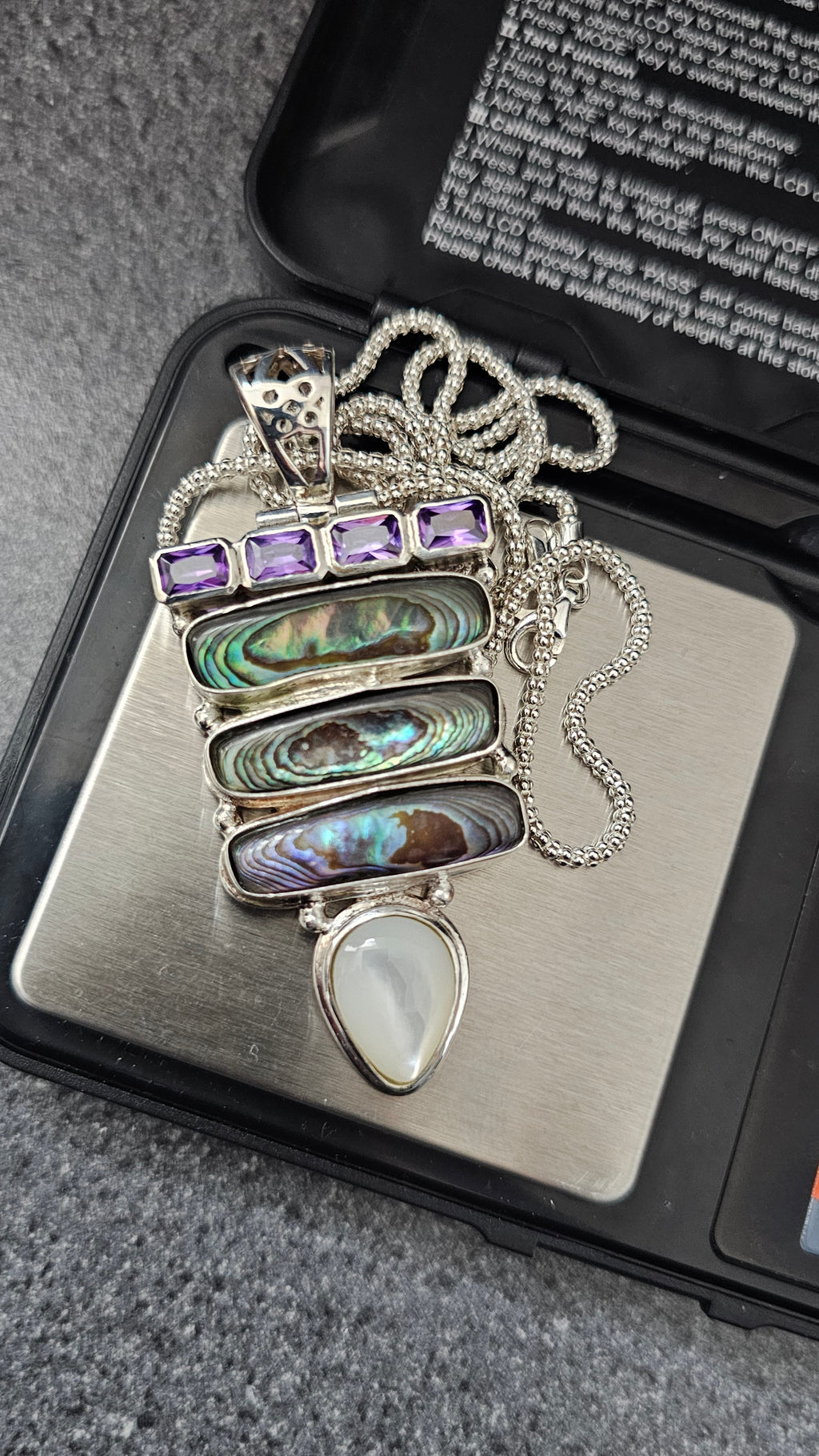 925 Sterling Silver Abalone & Mother of Pearl Statement Pendant Necklace 24.5"