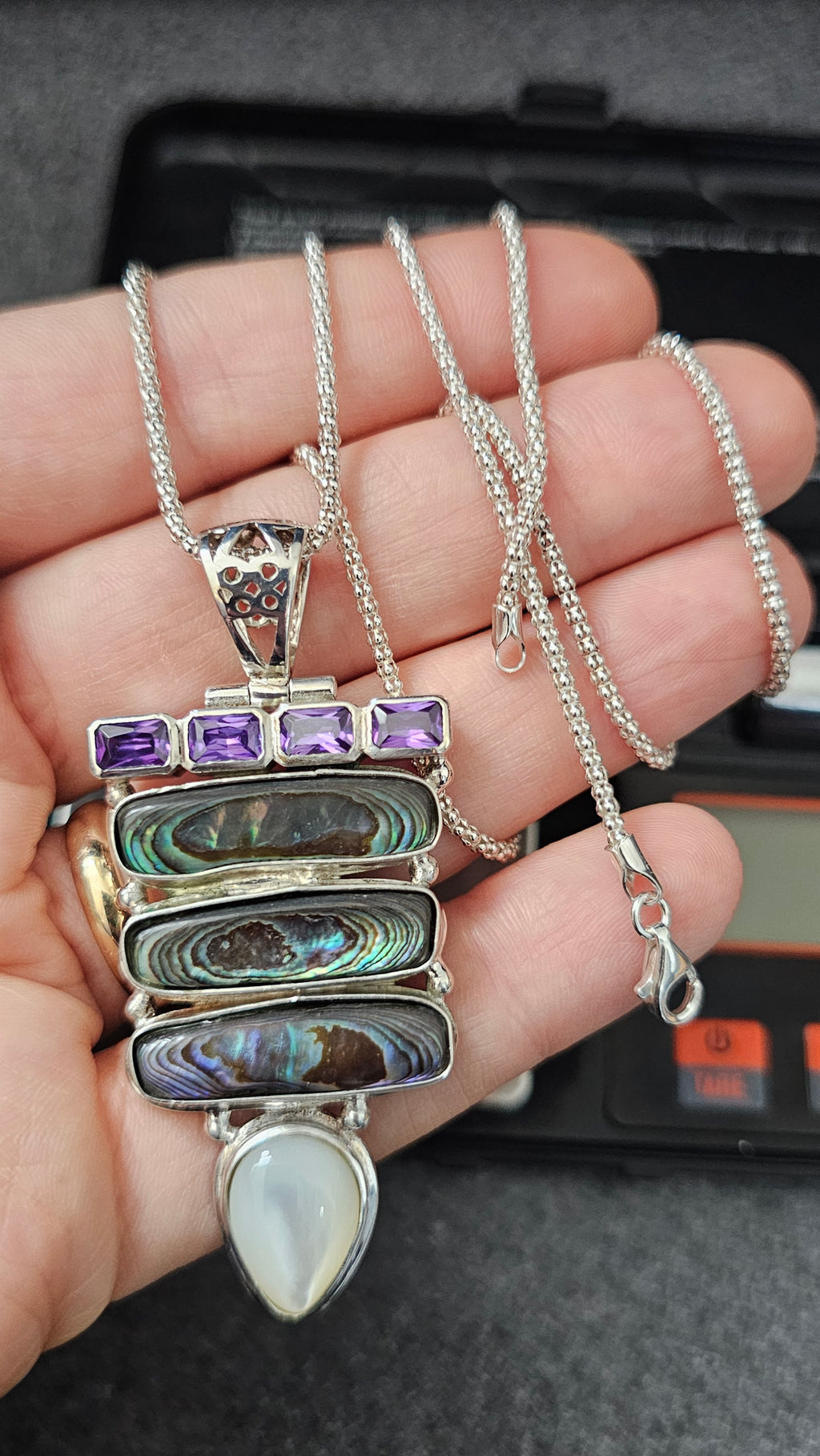 925 Sterling Silver Abalone & Mother of Pearl Statement Pendant Necklace 24.5"