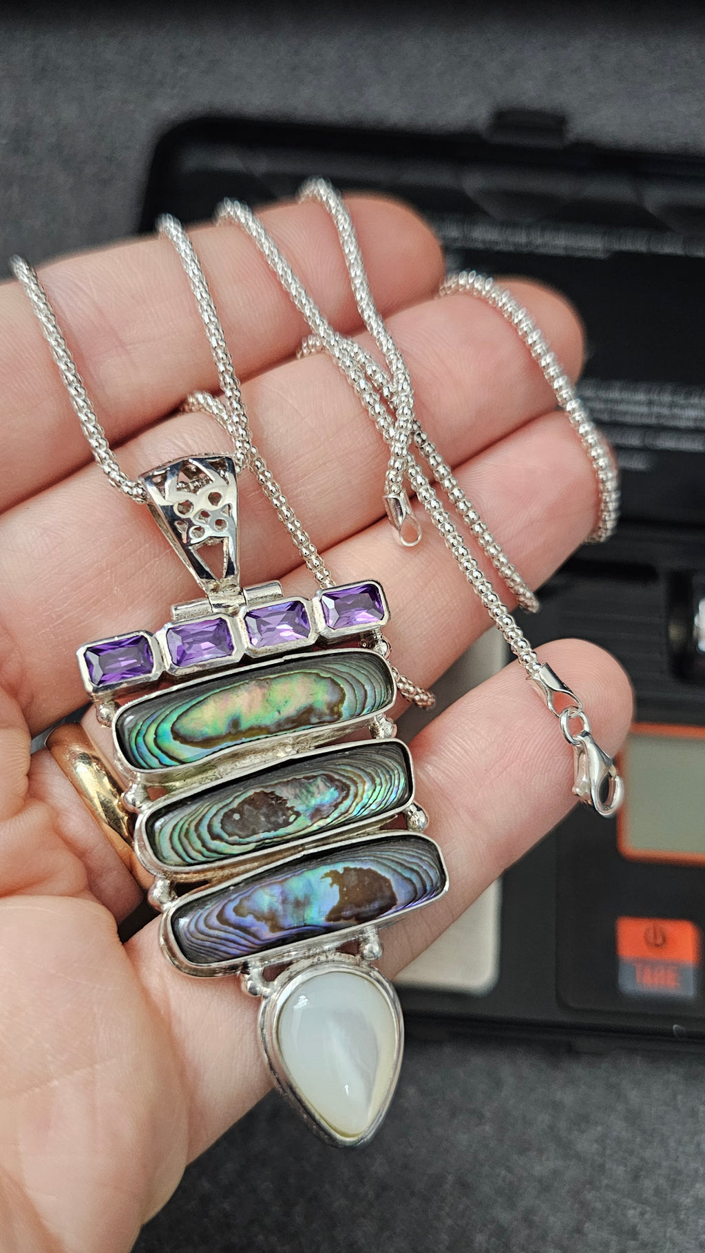 925 Sterling Silver Abalone & Mother of Pearl Statement Pendant Necklace 24.5"