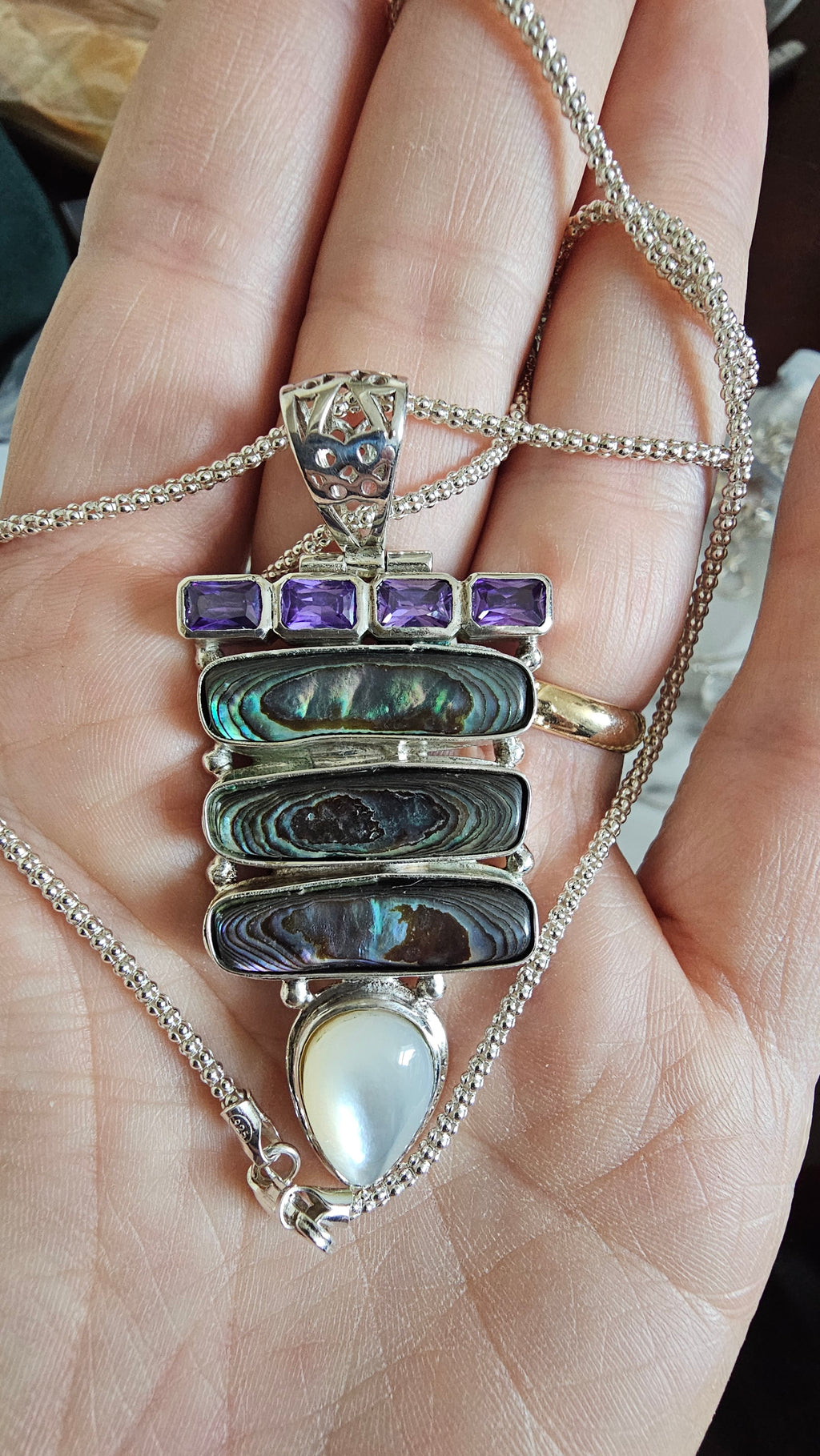 925 Sterling Silver Abalone & Mother of Pearl Statement Pendant Necklace 24.5"