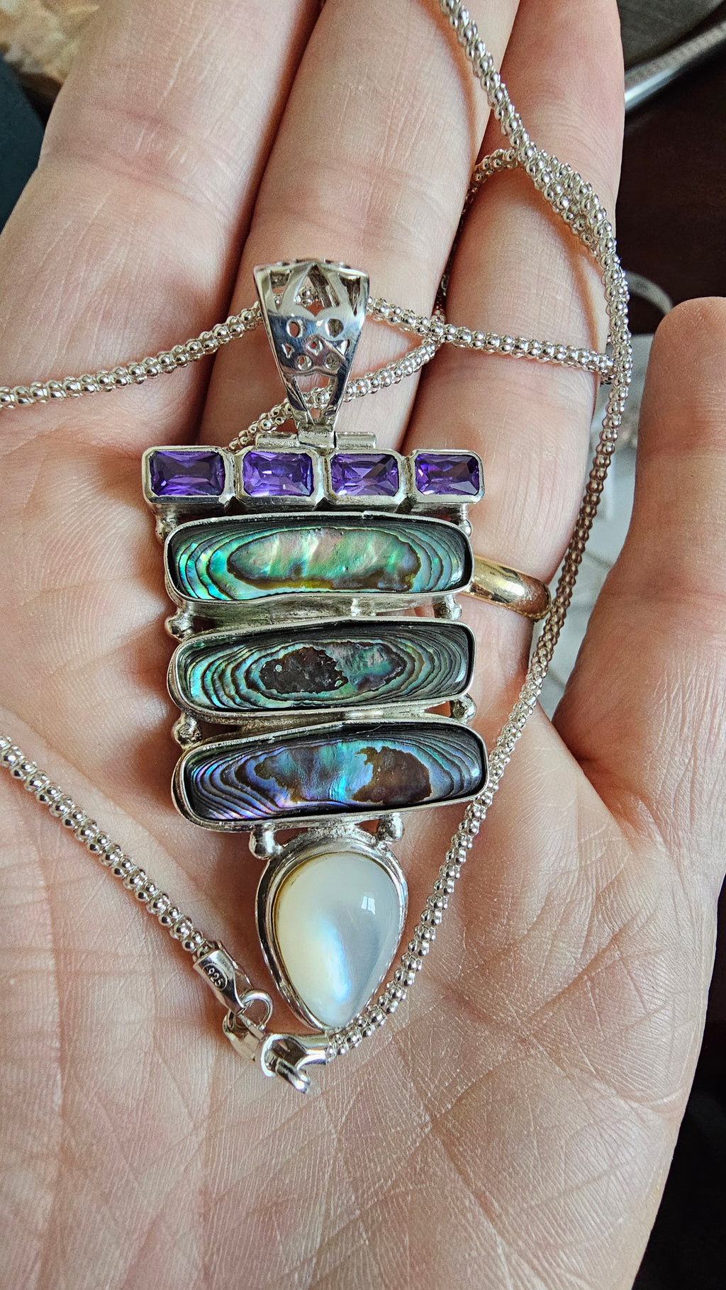 925 Sterling Silver Abalone & Mother of Pearl Statement Pendant Necklace 24.5"