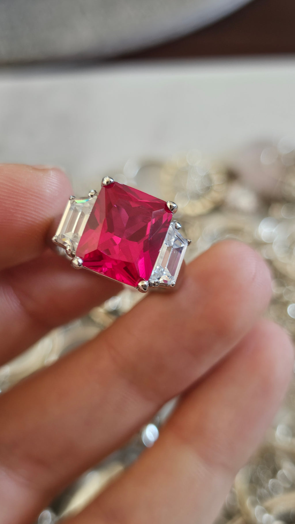 Elegant 925 Sterling Silver Red AAA CZ Statement Ring Size M
