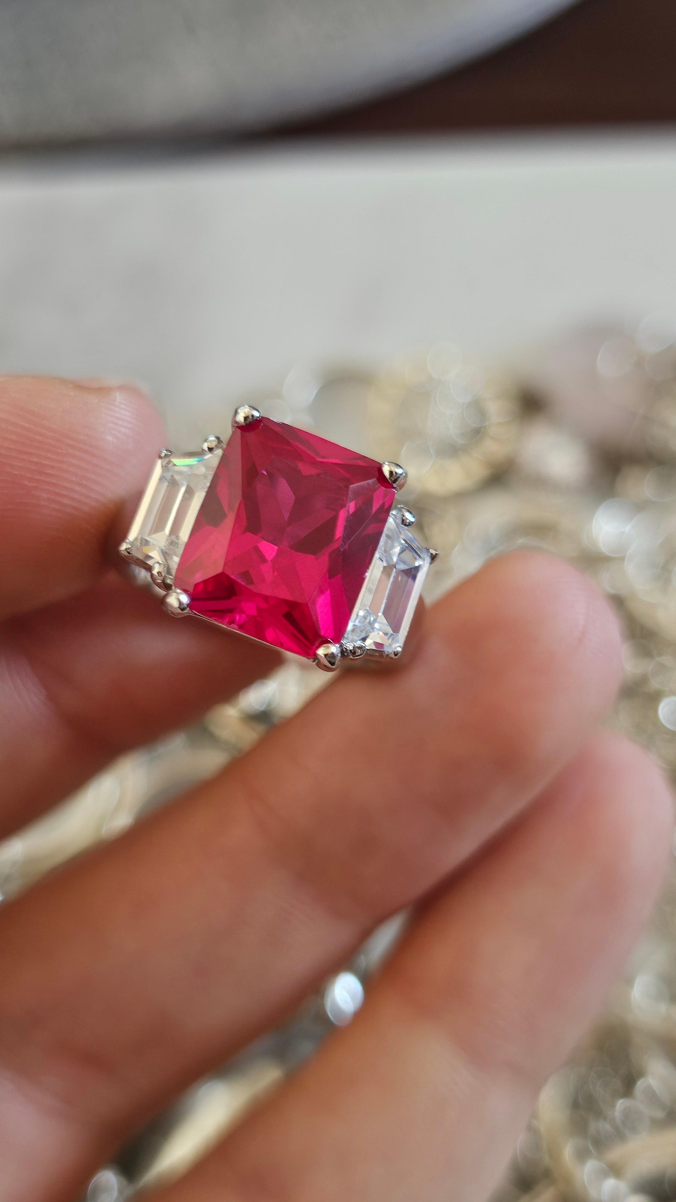 Elegant 925 Sterling Silver Red AAA CZ Statement Ring Size M