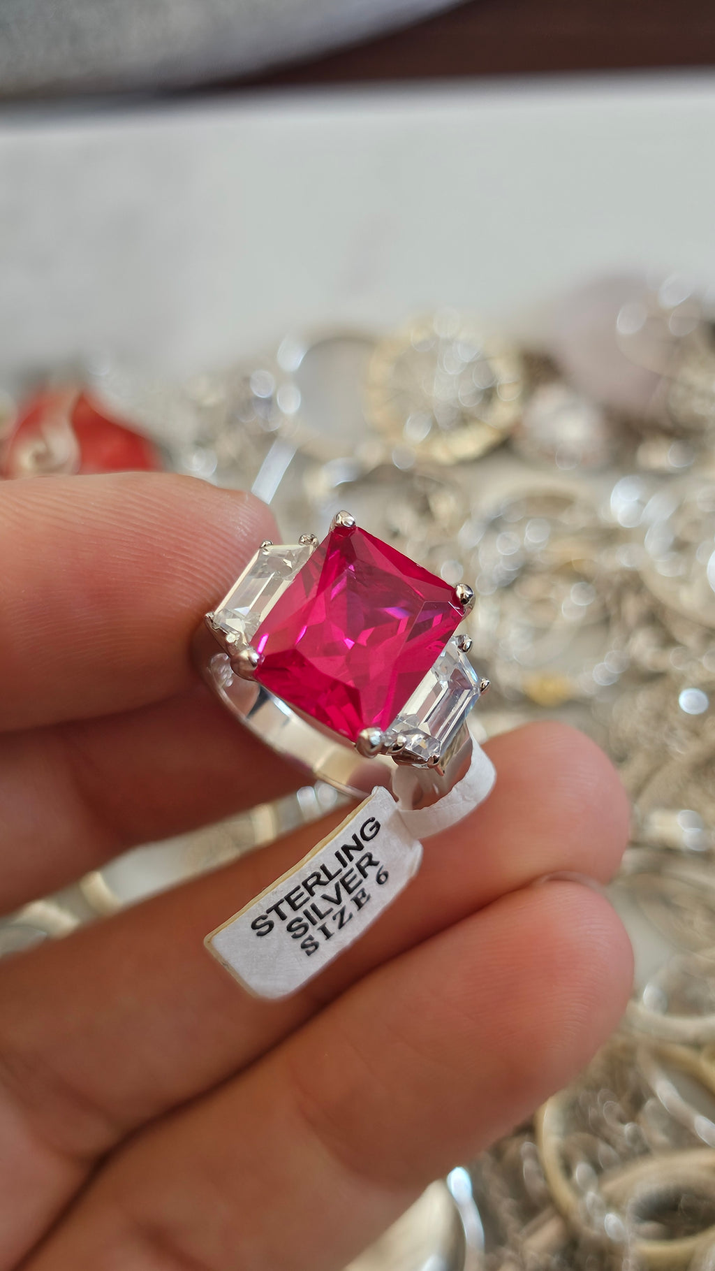 Elegant 925 Sterling Silver Red AAA CZ Statement Ring Size M