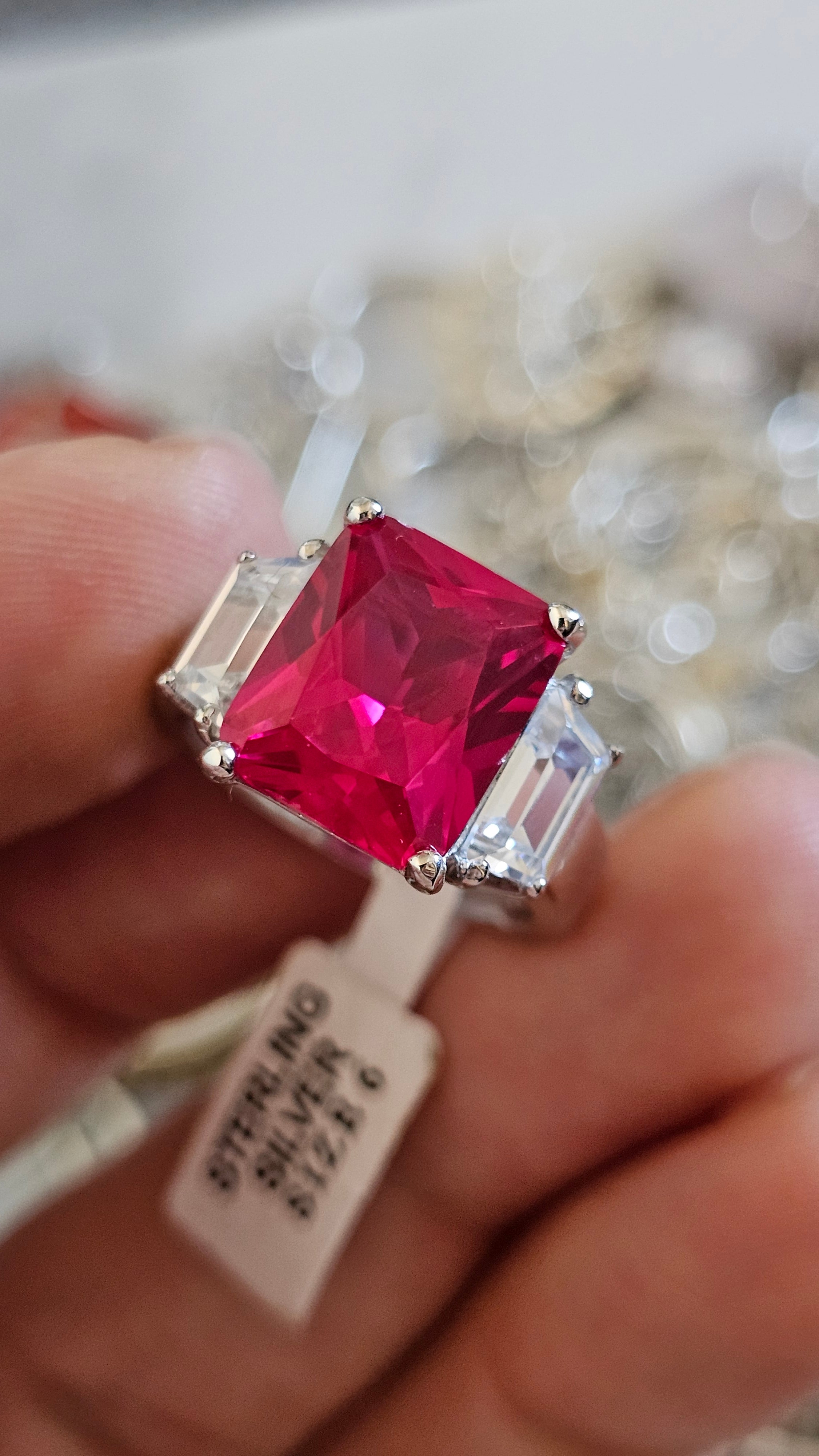 Elegant 925 Sterling Silver Red AAA CZ Statement Ring Size M