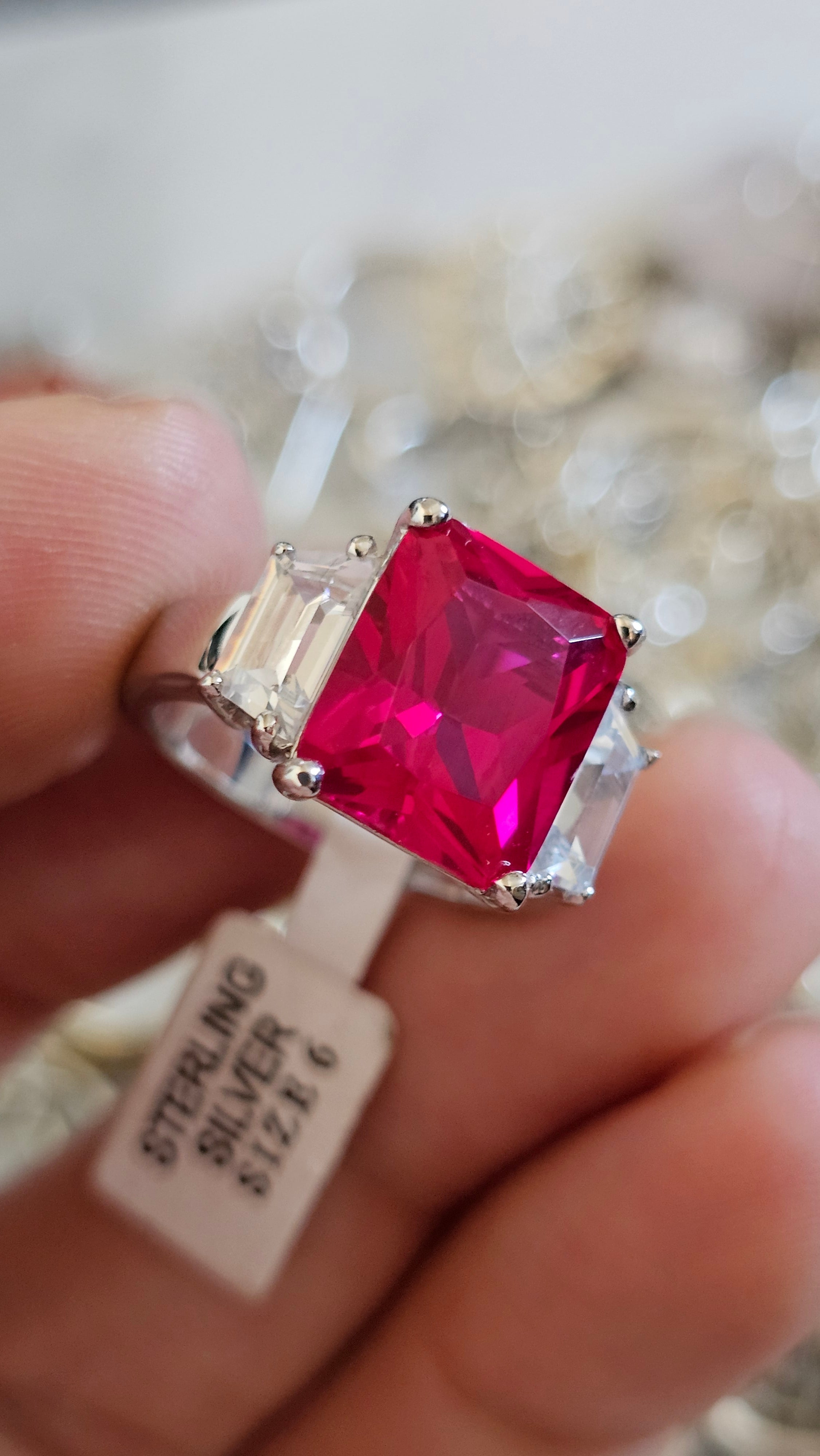 Elegant 925 Sterling Silver Red AAA CZ Statement Ring Size M